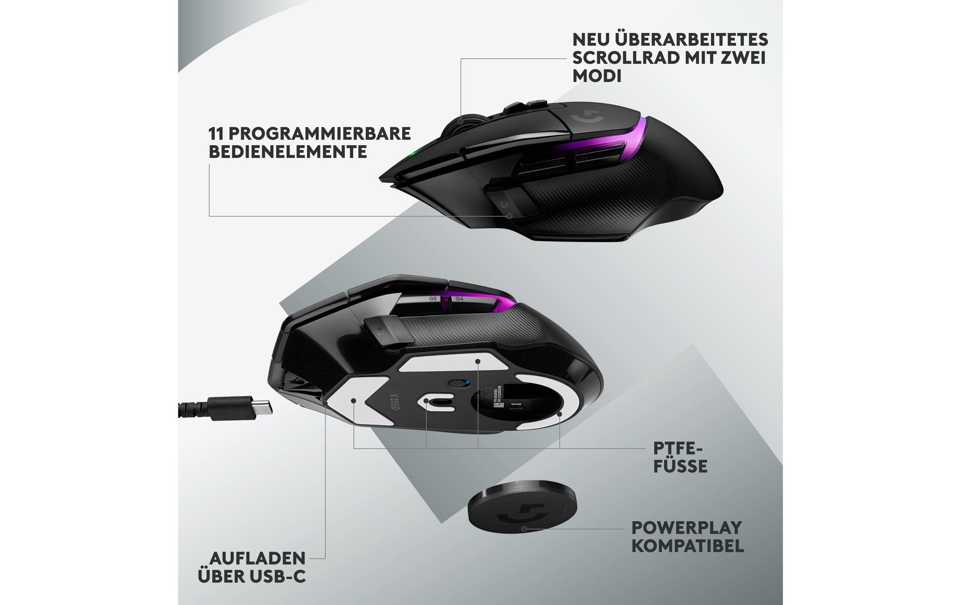 Logitech G G502 X PLUS – Gaming-Maus – Kabellos (2,4 GHz), 25600 DPI, RGB-Beleuchtung, rechts, Schwarz