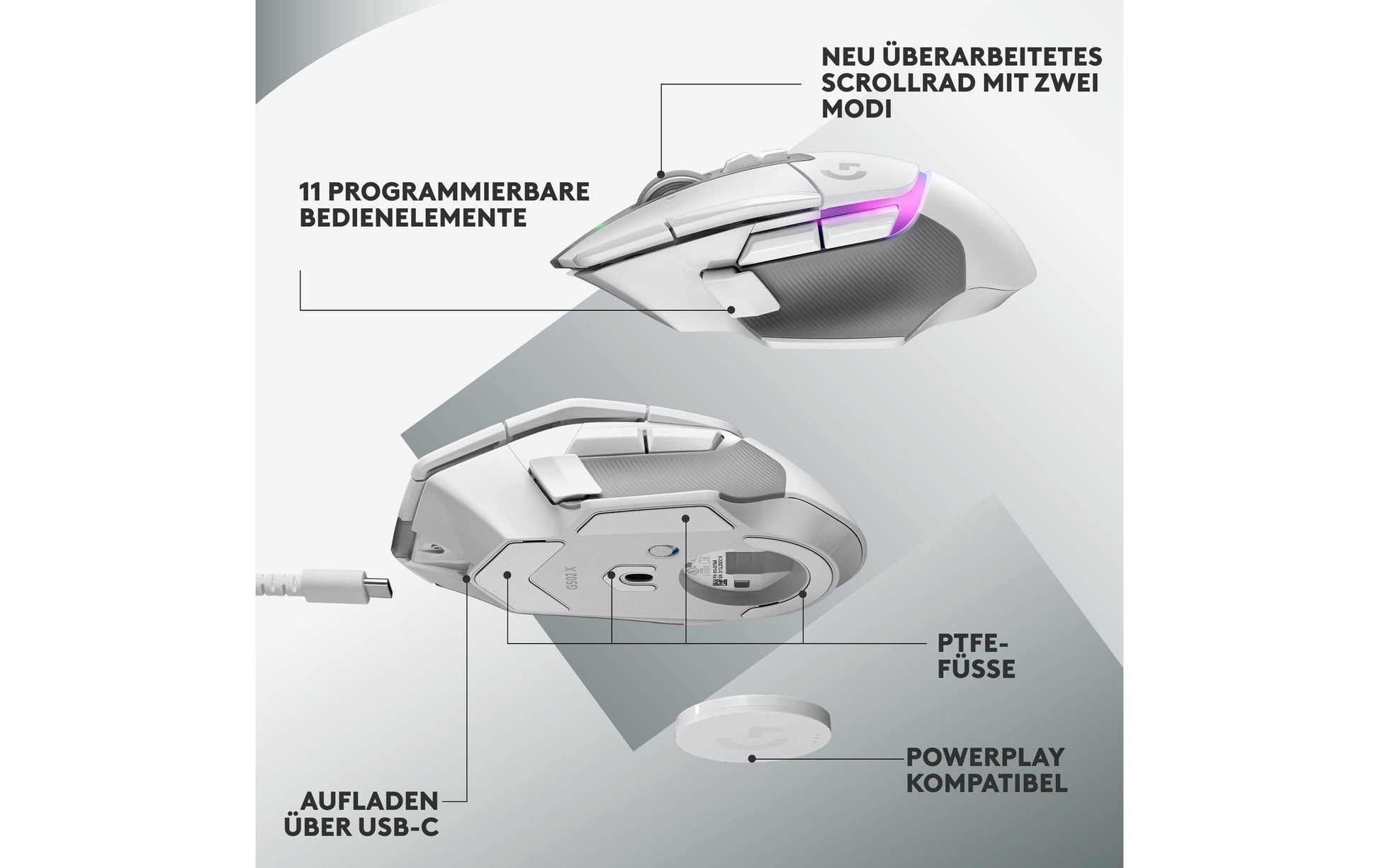 Logitech G G502 X PLUS – Gaming-Maus – Kabellos (2,4 GHz), 25600 DPI, RGB-Beleuchtung, rechts, Weiss