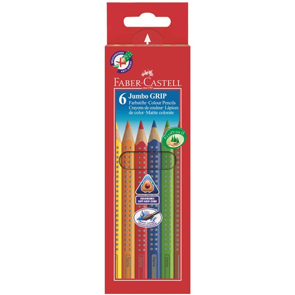 Faber-Castell Aquarellfarbstifte Jumbo Grip – 6 Farben, im Kartonetui, Ø 5,3 mm, dreikantig, FSC
