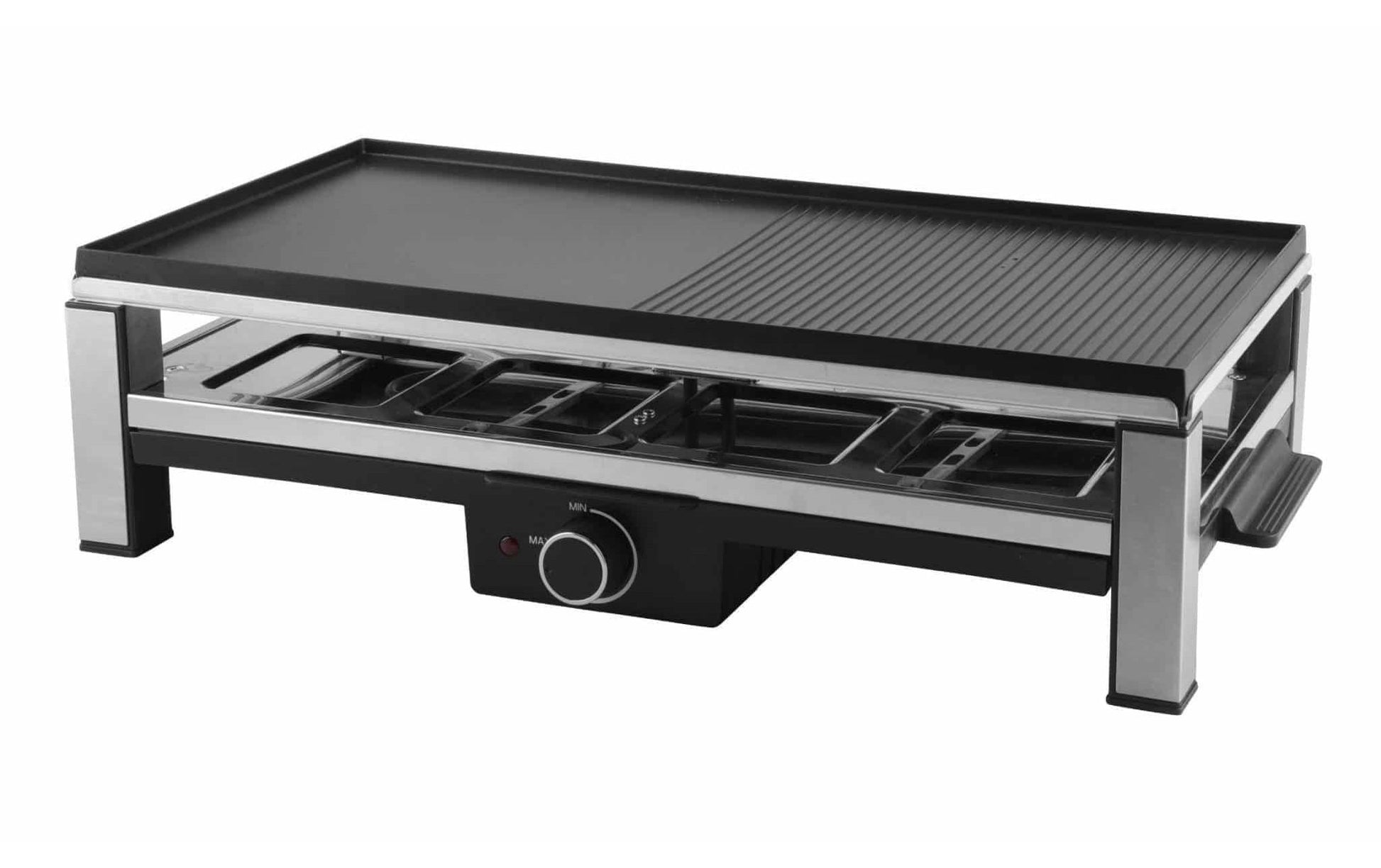 Ohmex Raclette OHM-RCL-2298 – 8 Personen, 2000 W, Druckguss-Grillplatte, antihaft – schwarz/silber