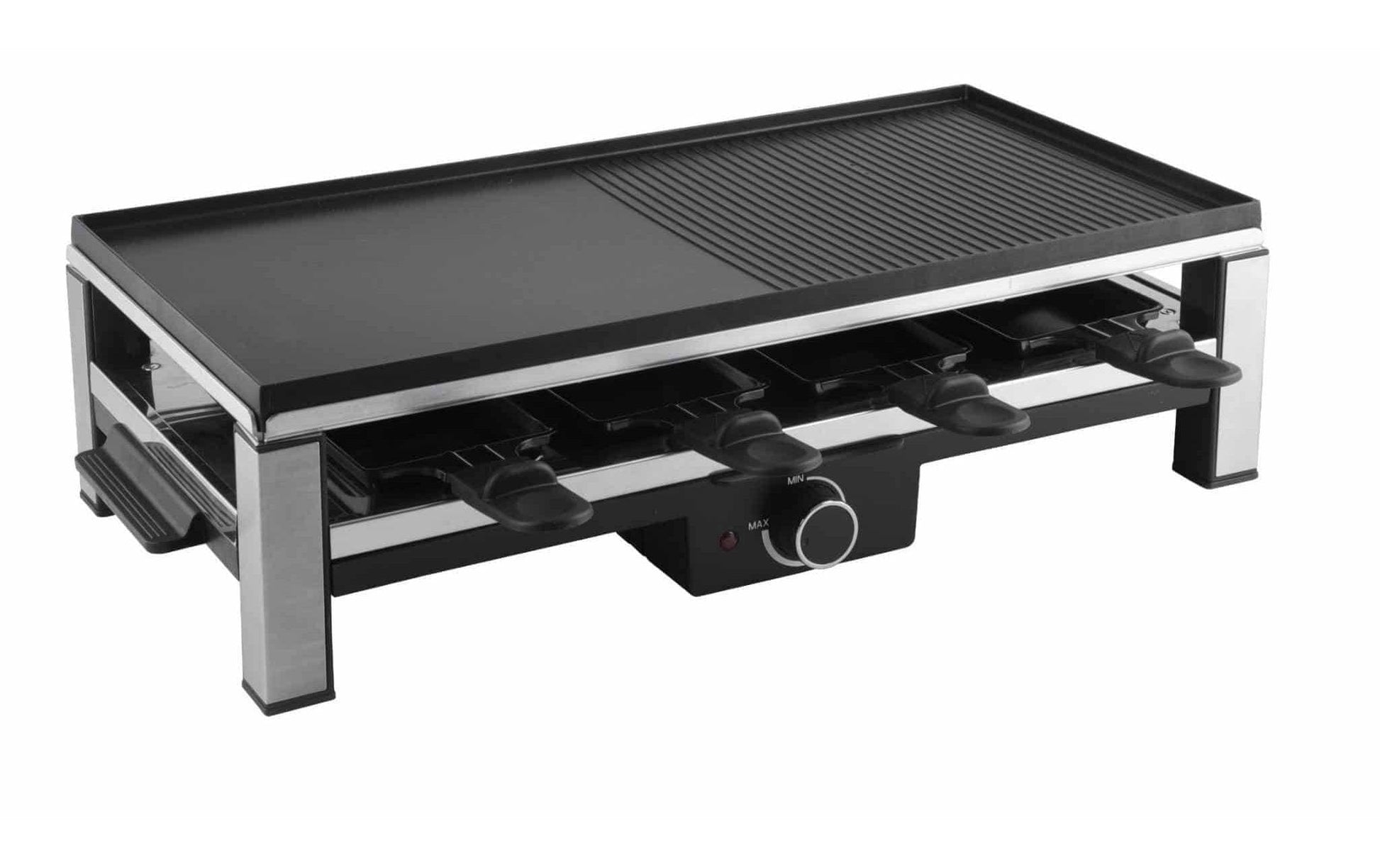 Ohmex Raclette OHM-RCL-2298 – 8 Personen, 2000 W, Druckguss-Grillplatte, antihaft – schwarz/silber