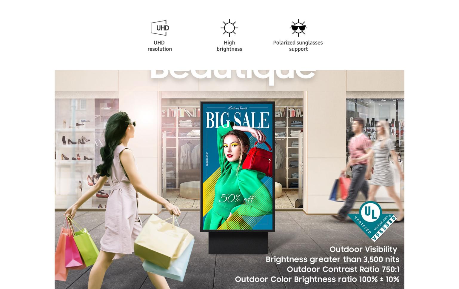 Samsung OH75A – Public Display, 75" 4K UHD (3840 × 2160), ADS, 3500 cd/m², 24/7, Tizen (SSSP), Schwarz