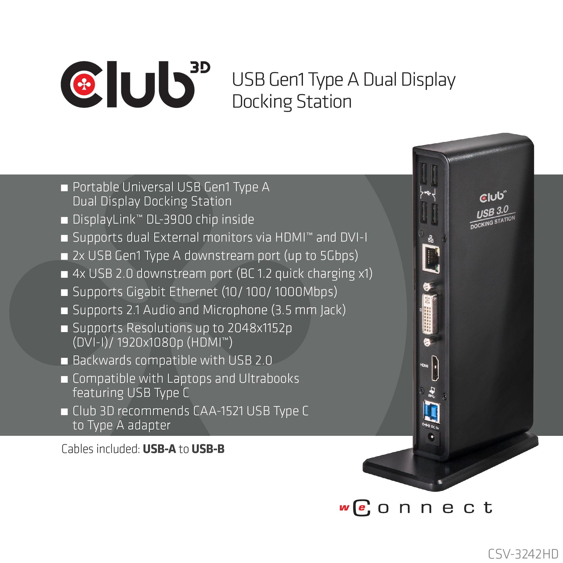 CLUB3D Club 3D Dockingstation – USB-A, 1× HDMI, 1× DVI, GbE, 3,5 mm Audio, für Windows/Mac