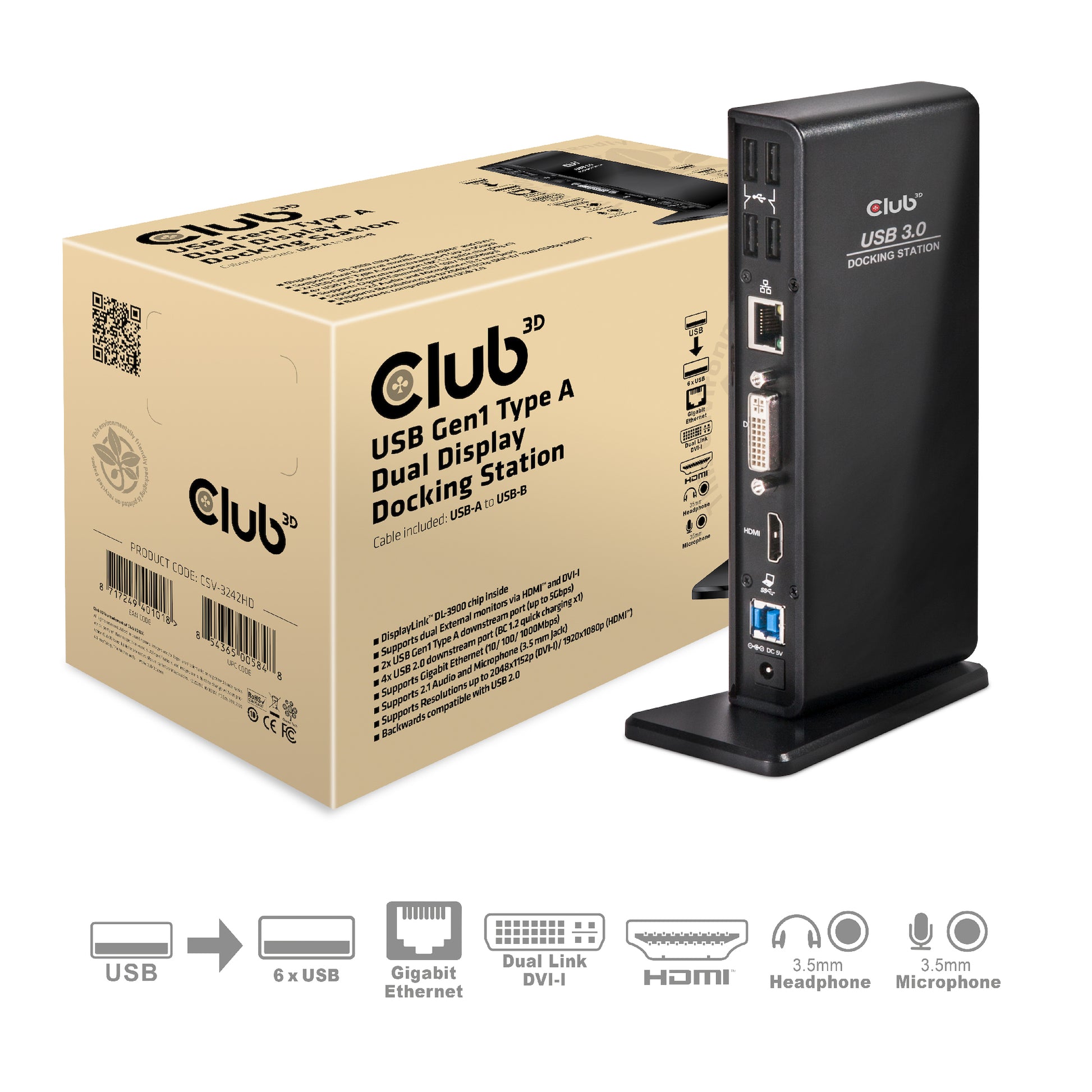 CLUB3D Club 3D Dockingstation – USB-A, 1× HDMI, 1× DVI, GbE, 3,5 mm Audio, für Windows/Mac