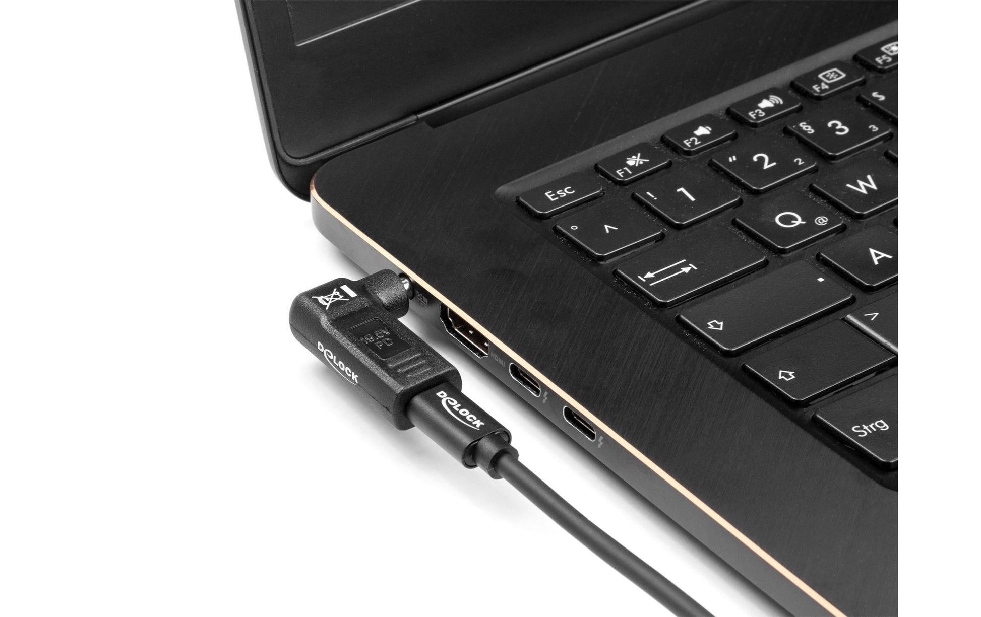 DeLOCK USB-C zu 5,5 × 2,1 mm Adapter – 19 V, 3 A, 90° gewinkelt, Schwarz