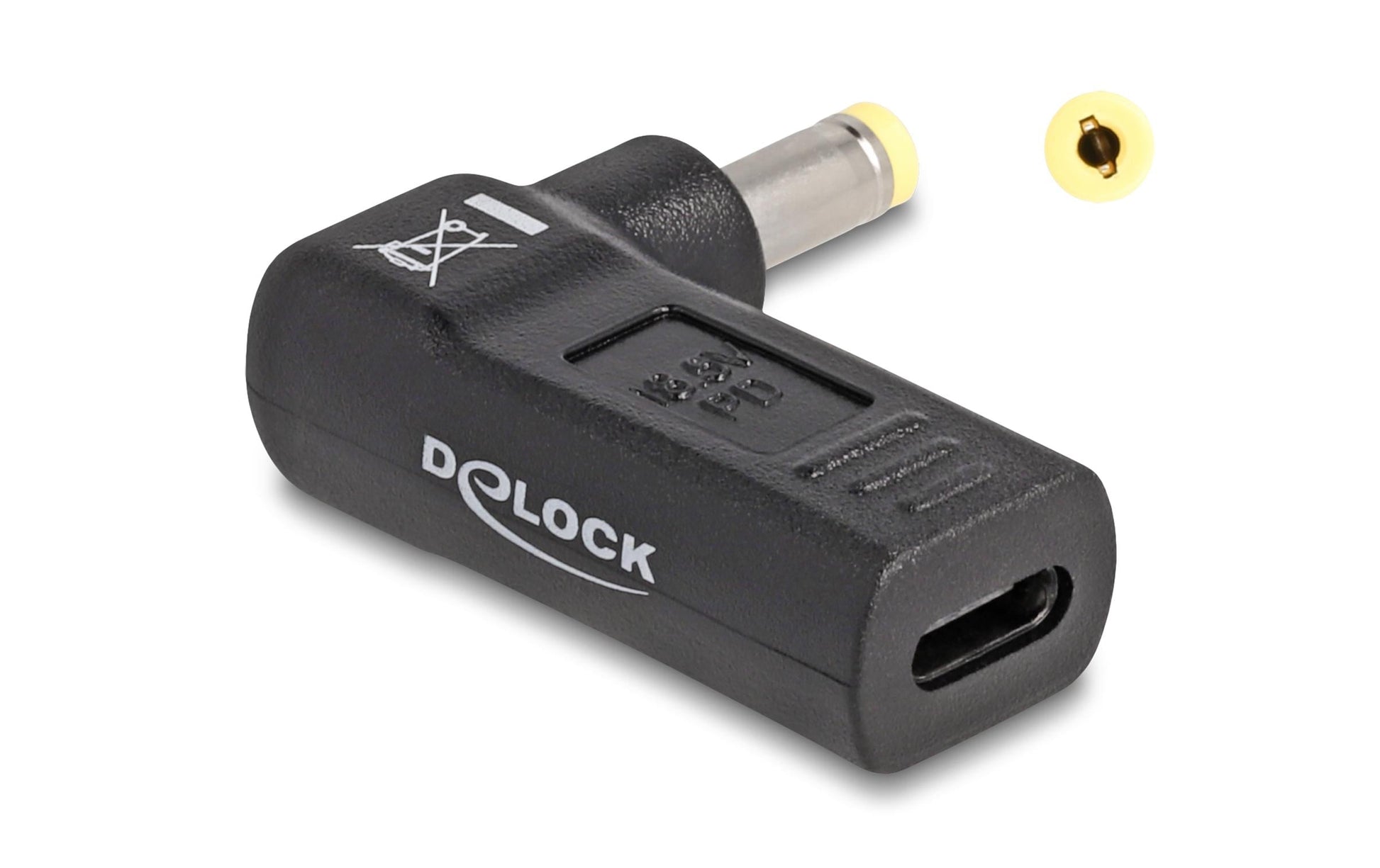 DeLOCK USB-C zu HP 4,8 × 1,7 mm Adapter (gewinkelt) – USB Power Delivery, 18,5 V / 3 A – Schwarz