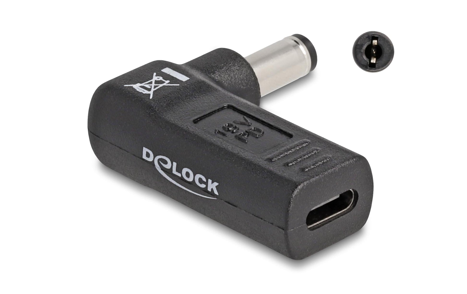 DeLOCK USB-C zu 5,5 × 2,1 mm Adapter – 19 V, 3 A, 90° gewinkelt, Schwarz