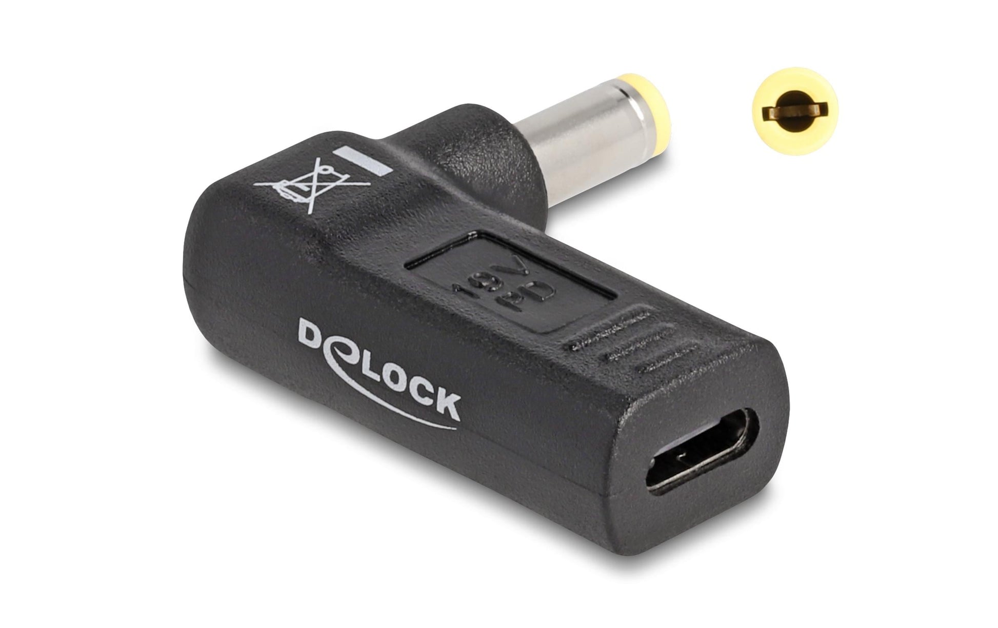 DeLOCK USB-C zu 5,5 × 2,5 mm Adapter – 19 V, 3 A, gewinkelt, für Laptops mit 5,5 × 2,5 mm Buchse – Schwarz