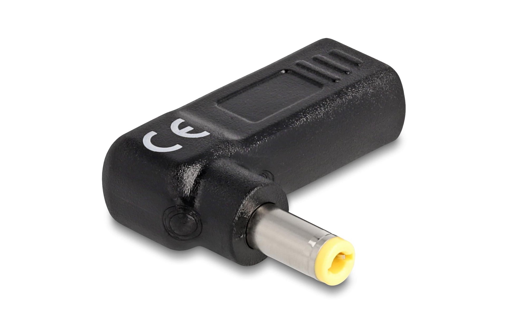 DeLOCK USB-C zu 5,5 × 2,5 mm Adapter – 19 V, 3 A, gewinkelt, für Laptops mit 5,5 × 2,5 mm Buchse – Schwarz