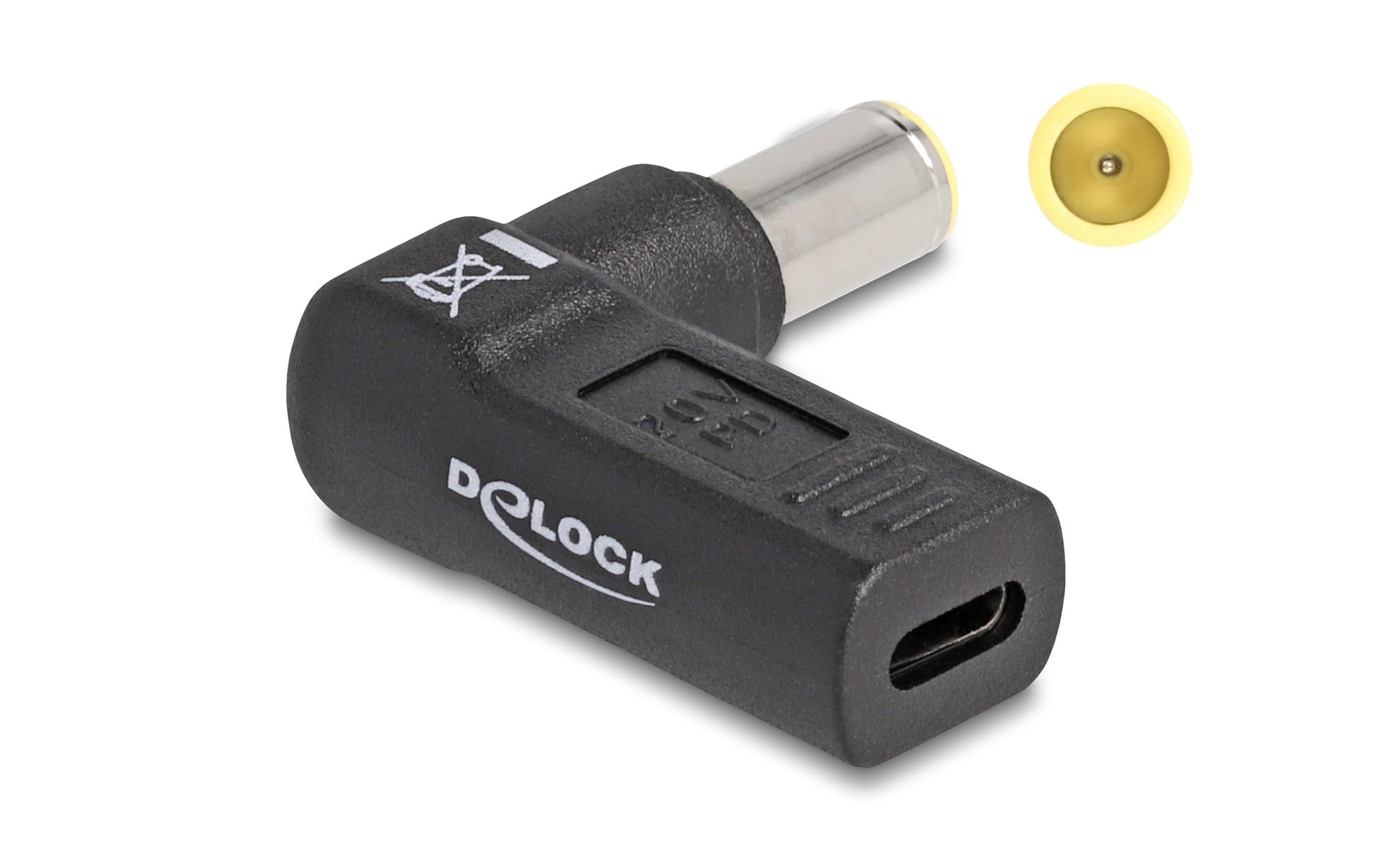 DeLOCK USB-C zu 7,9 × 5,5 mm Adapter – 20 V, 3 A, gewinkelt 90° – für Laptop – Schwarz