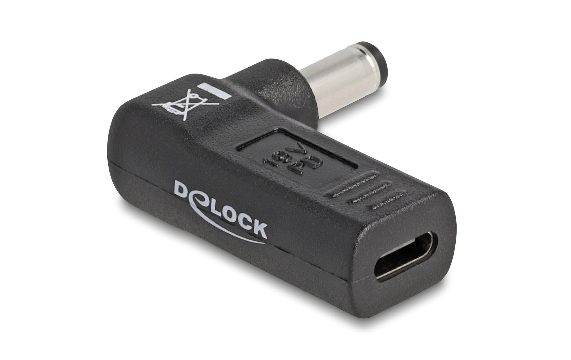 DeLOCK USB-C zu 5,5 × 2,1 mm Adapter – 19 V, 3 A, 90° gewinkelt, Schwarz