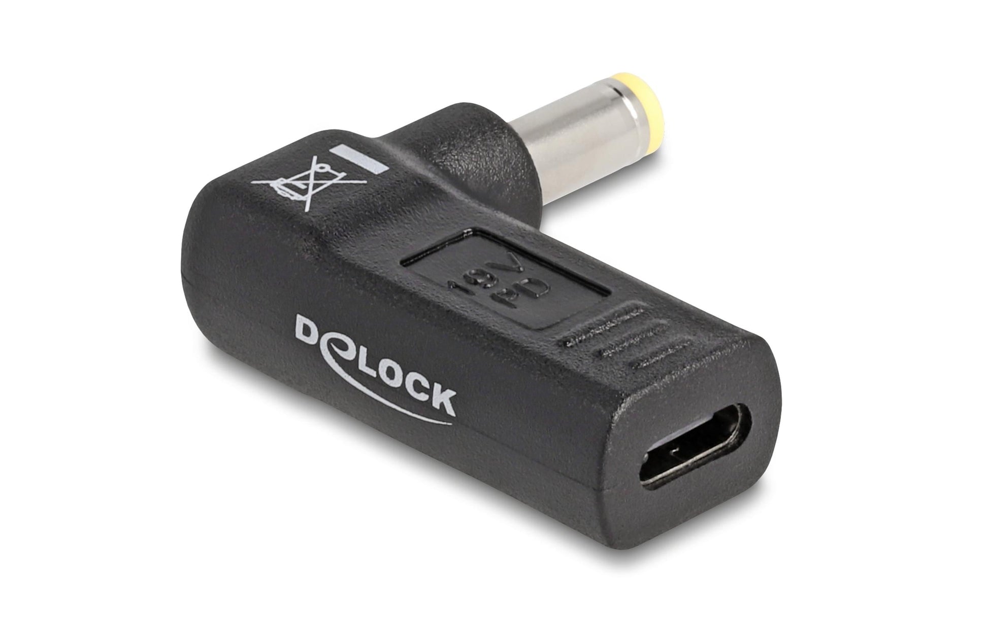 DeLOCK USB-C zu 5,5 × 2,5 mm Adapter – 19 V, 3 A, gewinkelt, für Laptops mit 5,5 × 2,5 mm Buchse – Schwarz