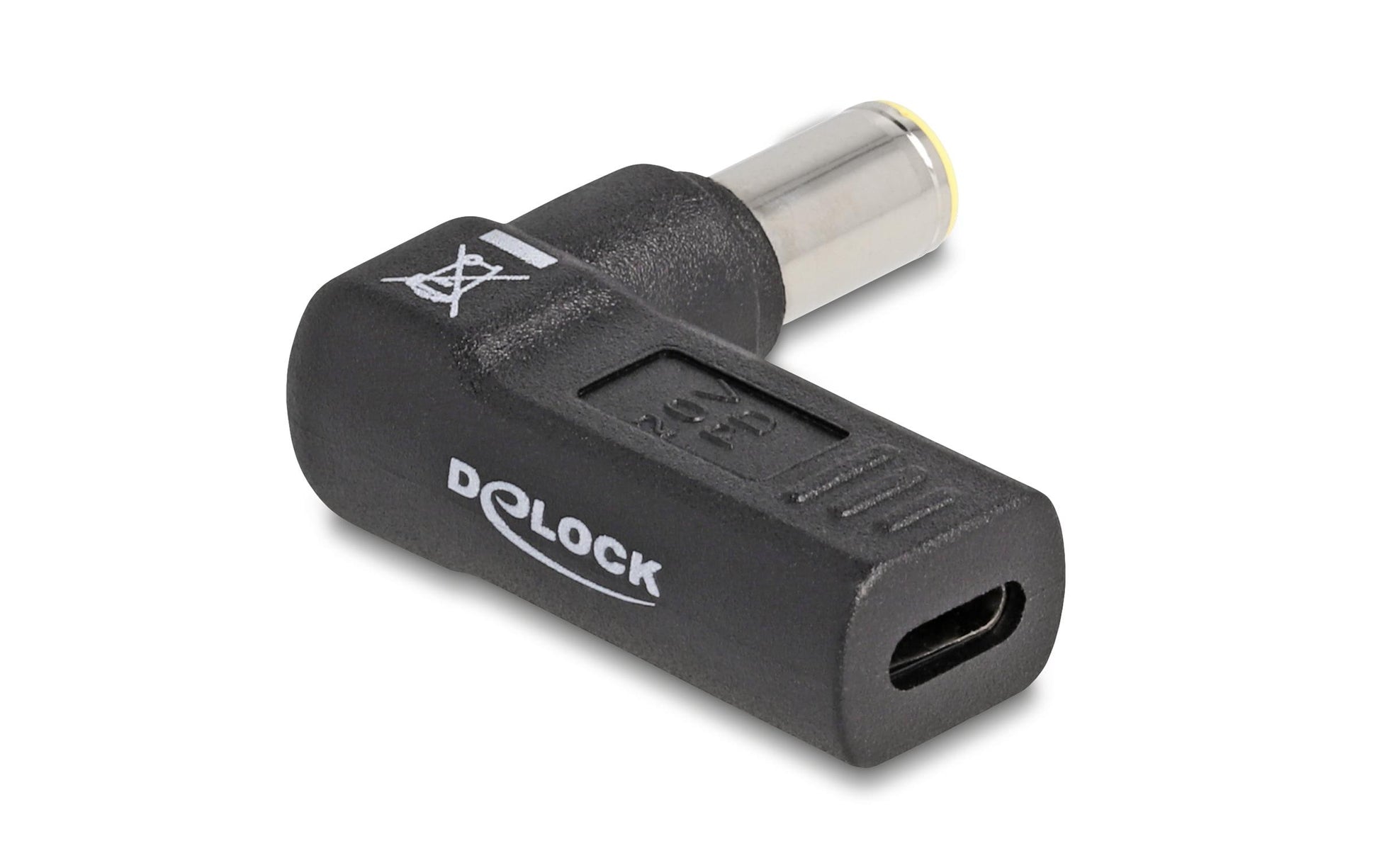DeLOCK USB-C zu 7,9 × 5,5 mm Adapter – 20 V, 3 A, gewinkelt 90° – für Laptop – Schwarz