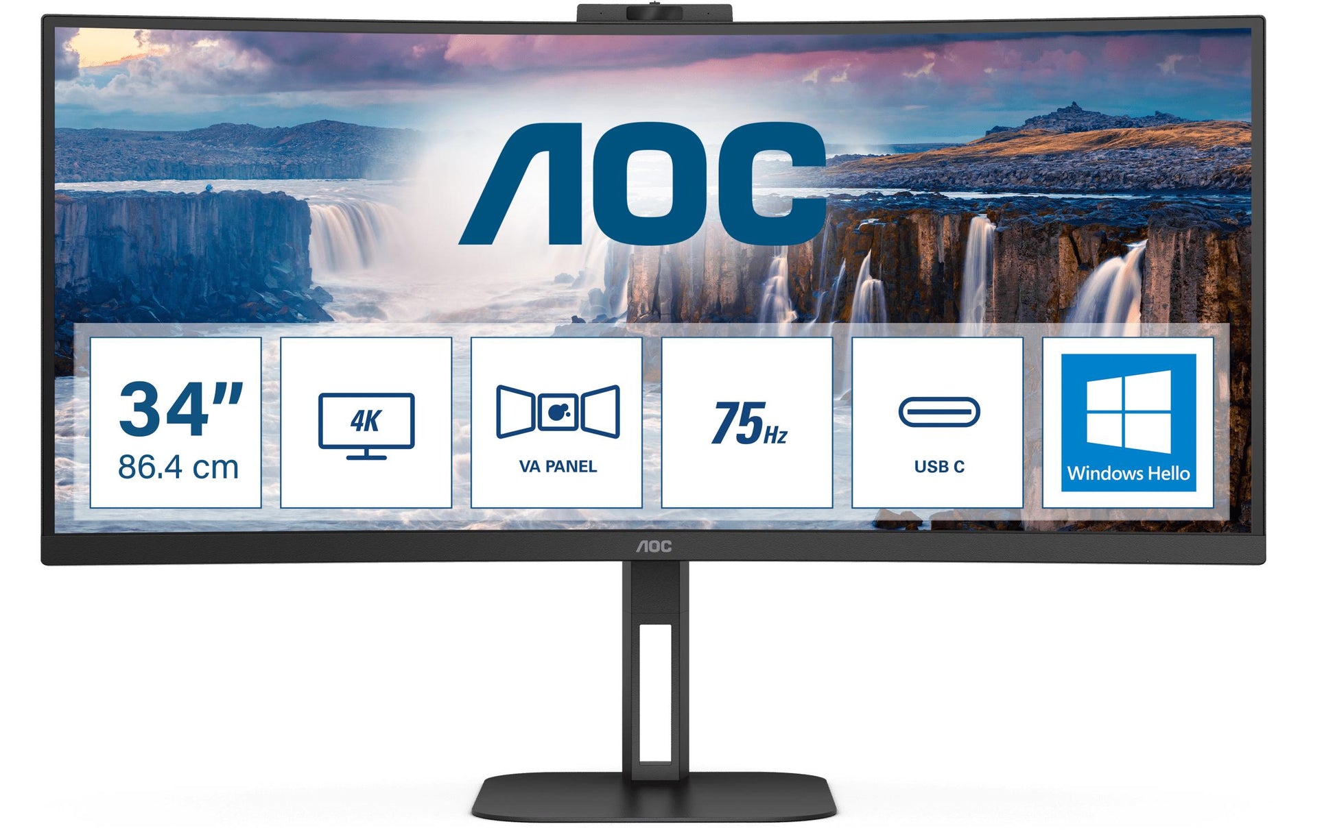 AOC CU34V5CW/BK – Monitor, 34", VA, 100 Hz, 300 cd/m², Webcam, USB-C, VESA 100 × 100, Schwarz