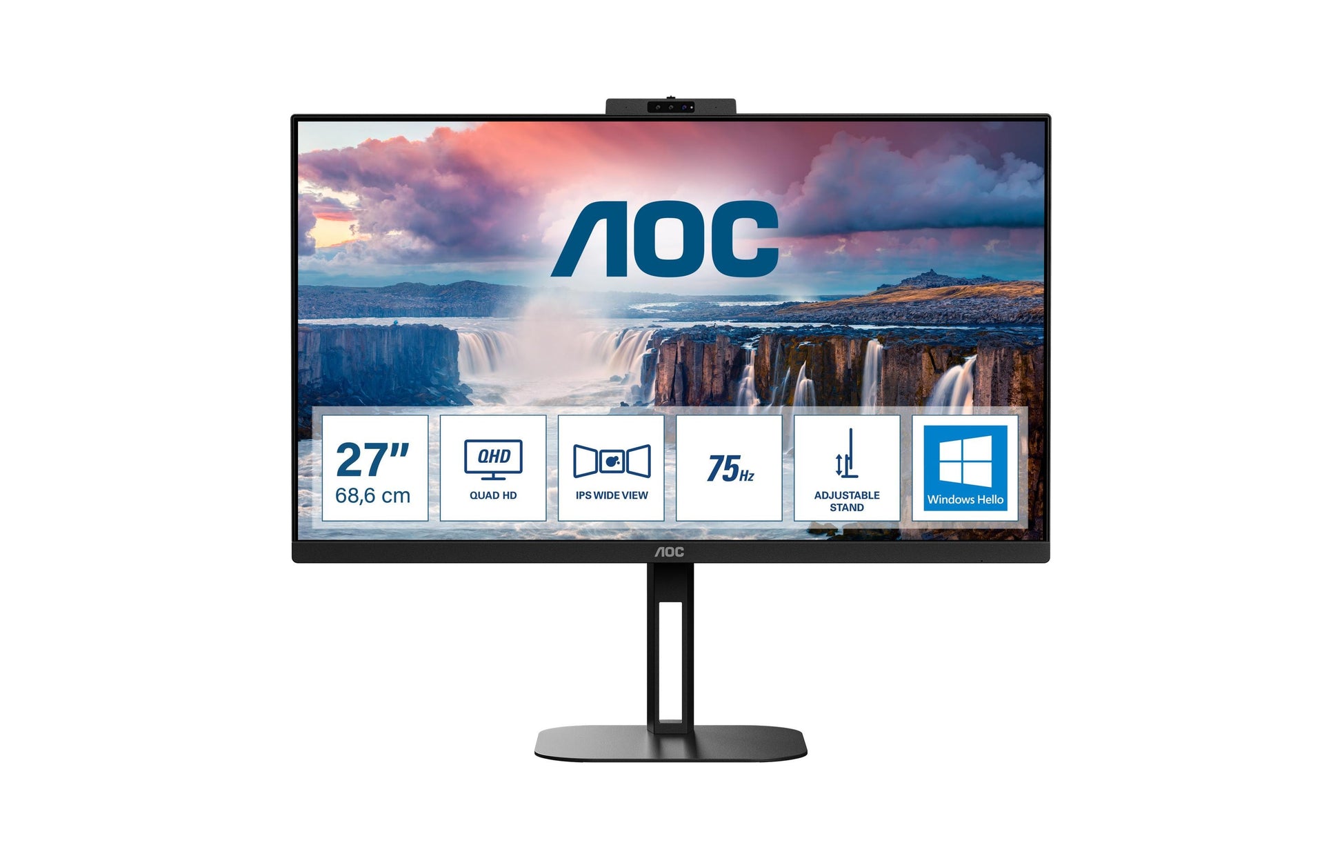 AOC Q27V5CW/BK – Monitor, 27", IPS, 75 Hz, 300 cd/m², Webcam, USB-C, Lautsprecher, VESA 100 × 100, Schwarz