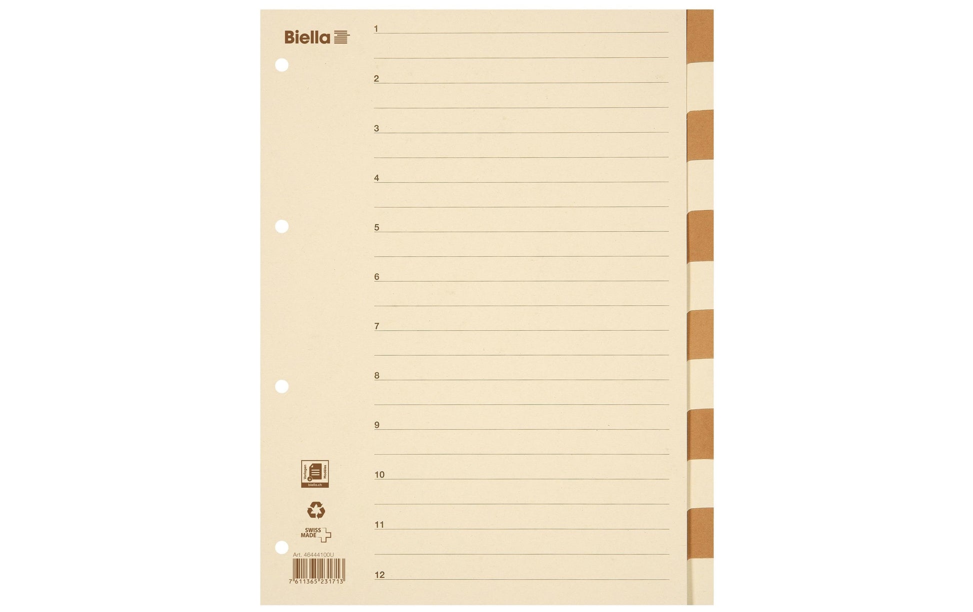 Biella Register – A4, 12-teilig, Karton, farbig, unbedruckt, mit Indexblatt, 4-fach gelocht