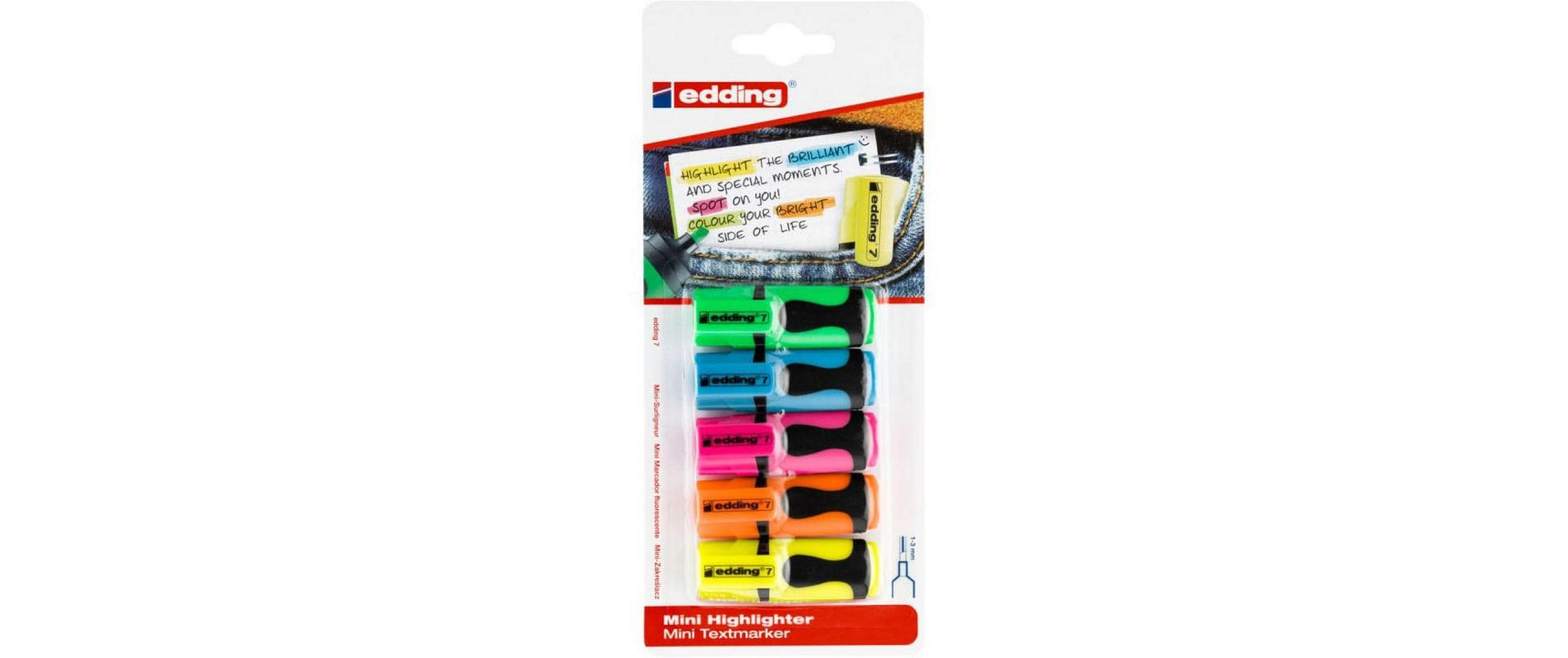 Edding 7 Mini Textmarker – 5er Set, Farben: Blau/Grün/Orange …, Keilspitze 1–3 mm