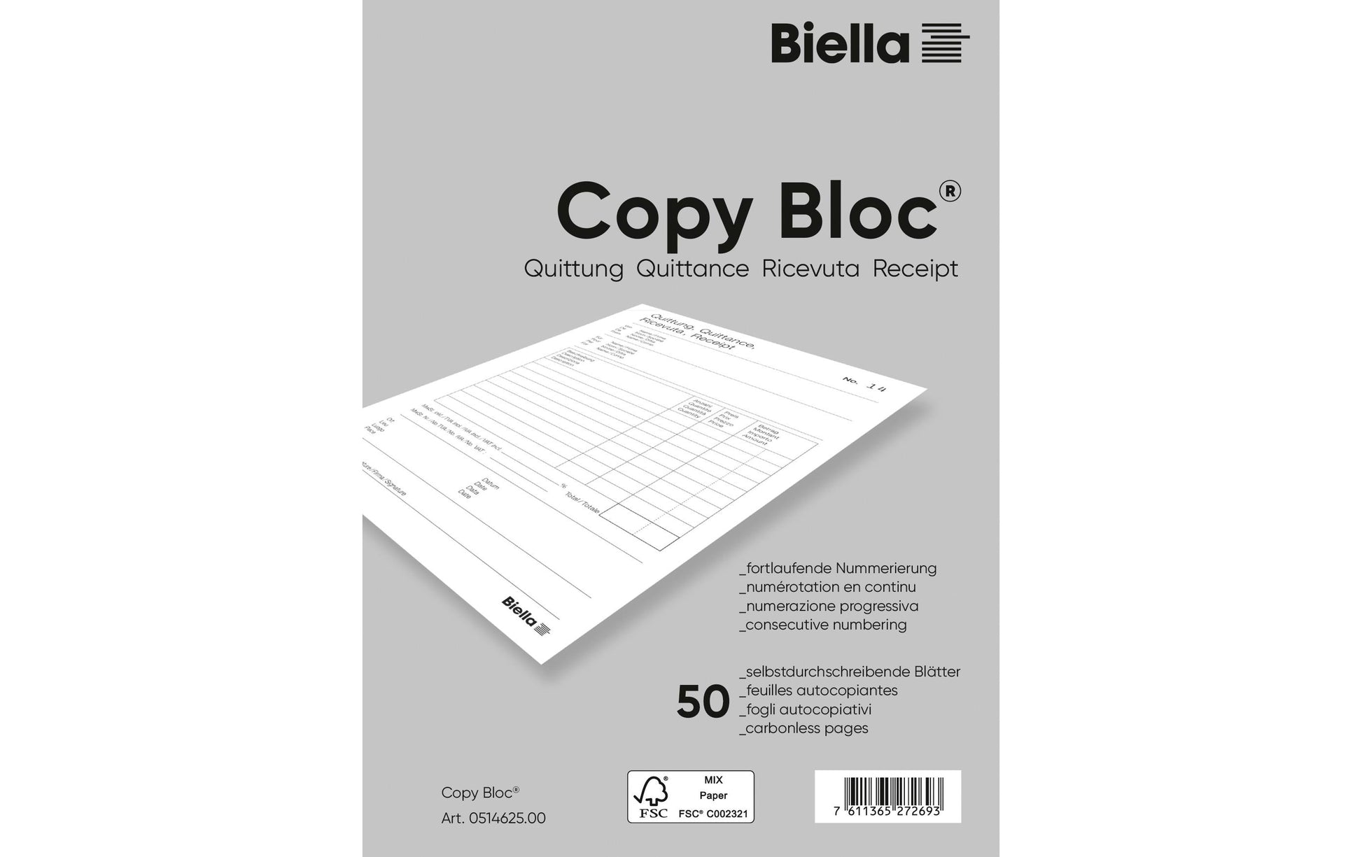 Biella Formularblock – Quittungen, mehrsprachig, 50 Blatt, A6