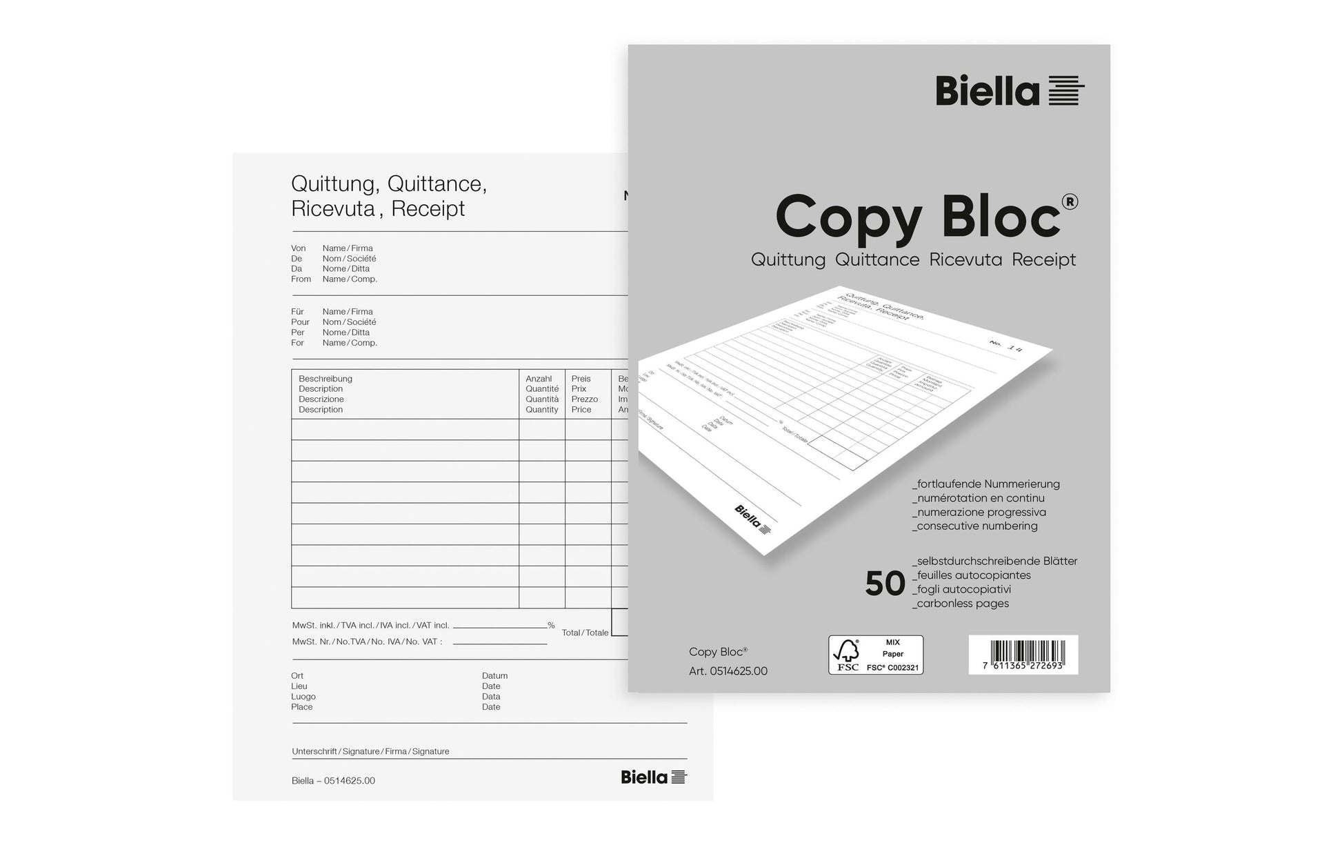 Biella Formularblock – Quittungen, mehrsprachig, 50 Blatt, A6