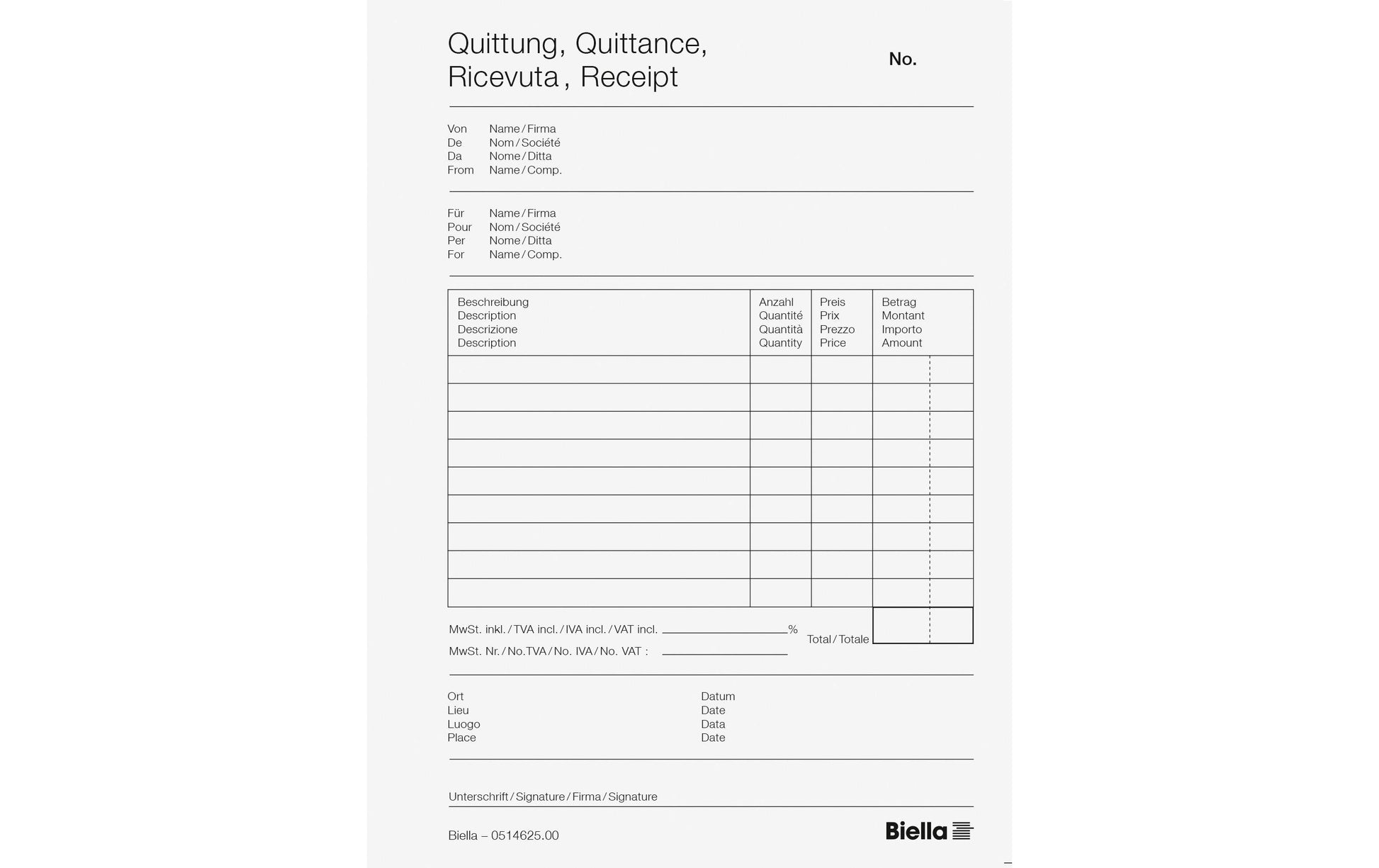 Biella Formularblock – Quittungen, mehrsprachig, 50 Blatt, A6