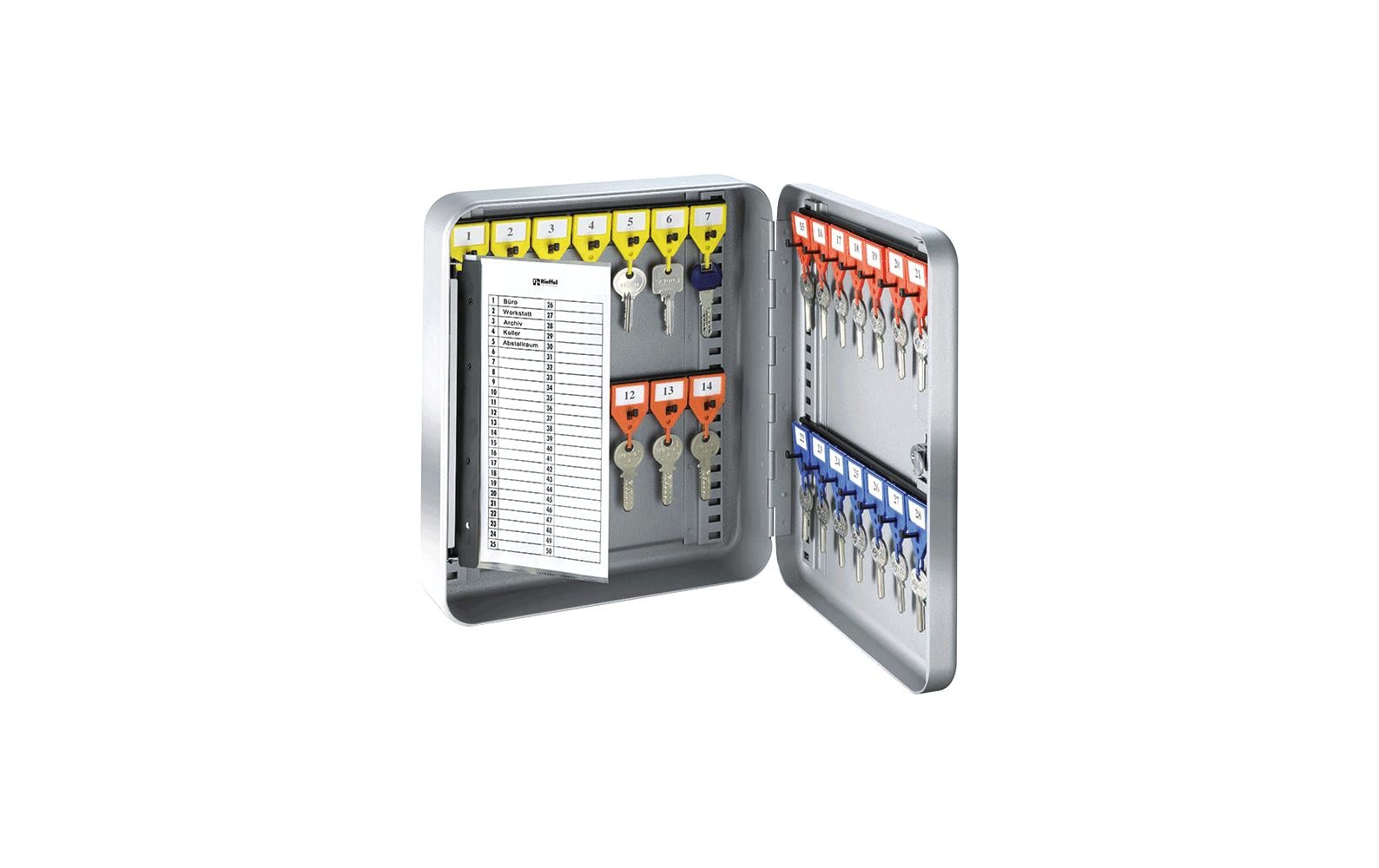 Rieffel Schlüsselkasten, 28 Haken, Zylinderschloss, Stahl, Grau – B 242 × H 300 × T 80 mm