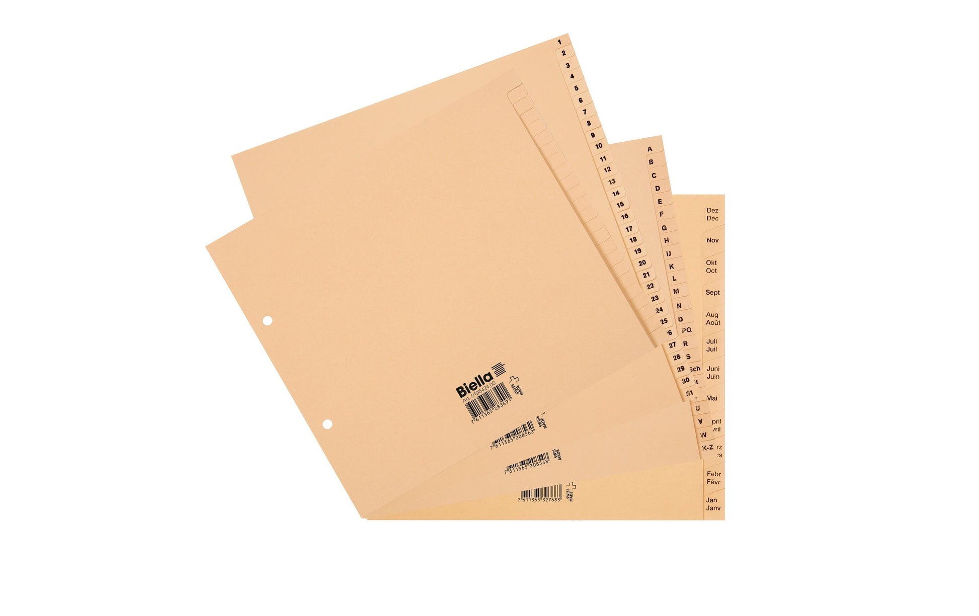Biella Register – teildeckend, 12-teilig, Papier, braun, vorgedruckt, 2-fach gelocht, für A4 hoch