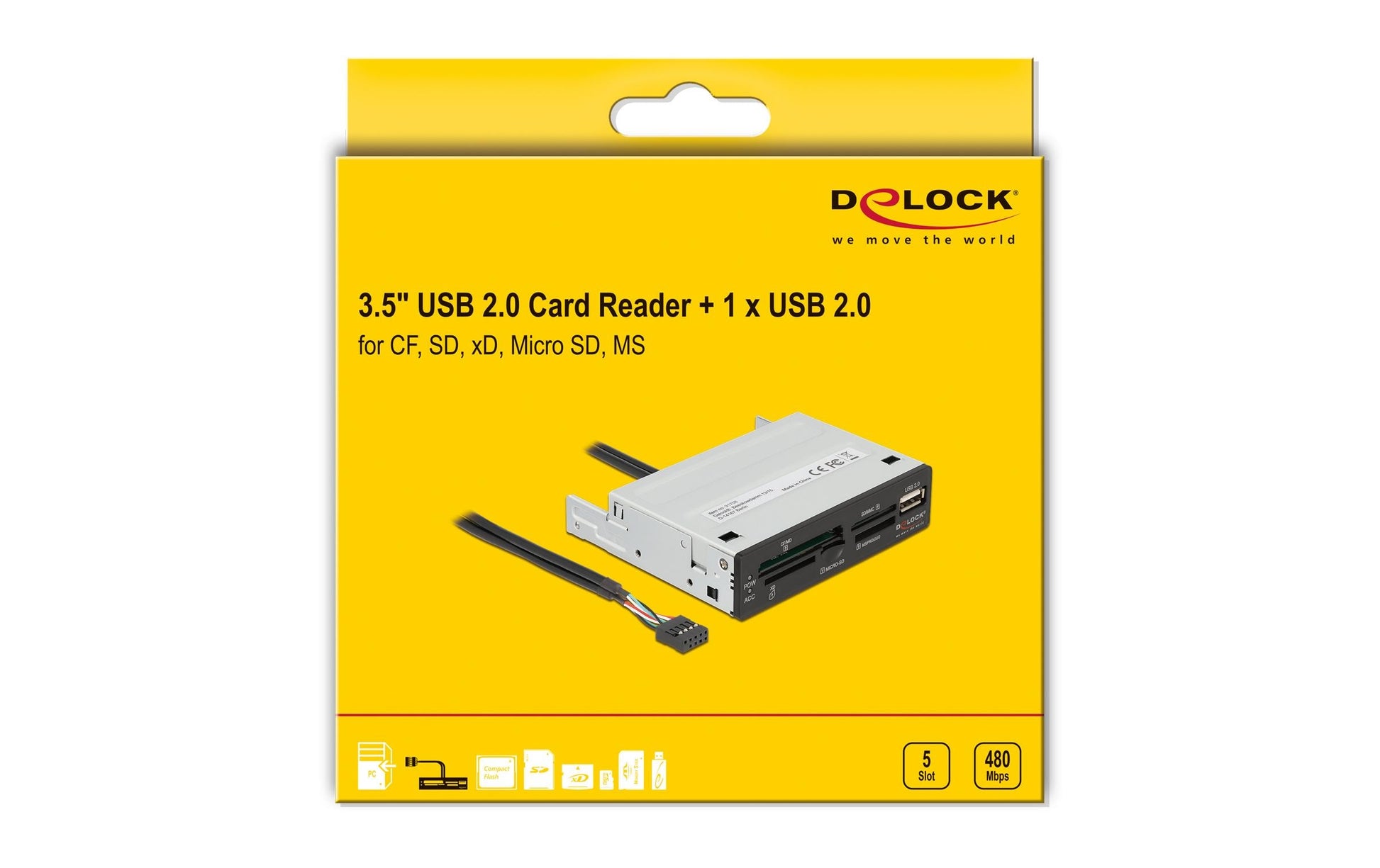 DeLOCK 91708 Kartenleser – 5 Slot, USB 2.0 (480 Mbit/s), 1× USB‑A, für PC mit 3,5" Einbauschacht