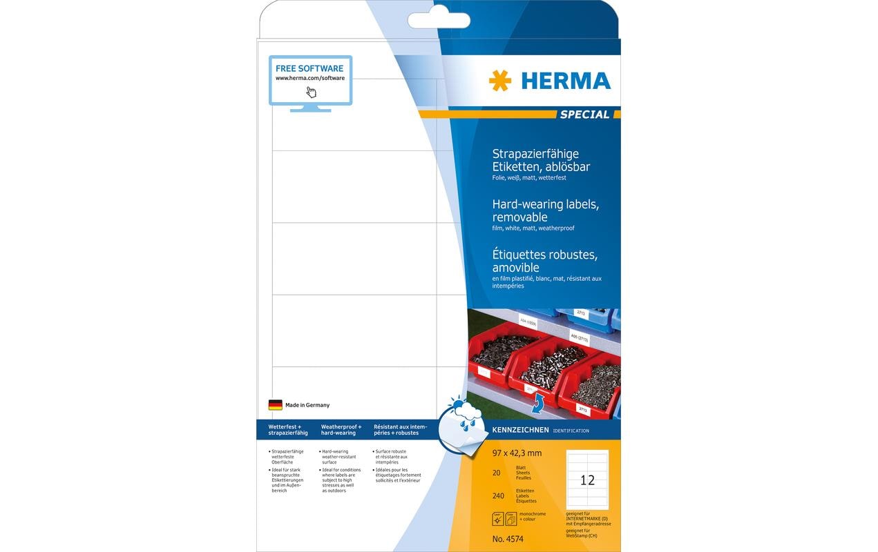 Herma – Druckeretiketten, 97 mm × 42 mm, weiss, Folie, extra stark, 20 Blatt (240 Etiketten)