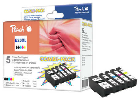 Peach Tintenpatronen-Multipack 26XL (T263), CMYK, XL, 5er-Pack, kompatibel – für Epson XP-510, XP-600 und andere