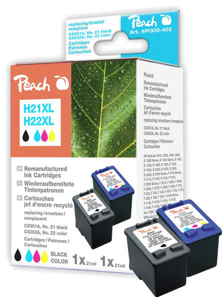 Peach 21/22 Tintenpatronen-Multipack, Schwarz/Dreifarbig (Kompatibel) – für HP DeskJet 3910/3915/3920…