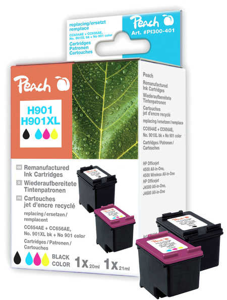 Peach Tintenpatronen-Multipack 901XL (CC654AE/CC656AE), CMYK, XL, kompatibel – für HP OfficeJet 4500 Serie