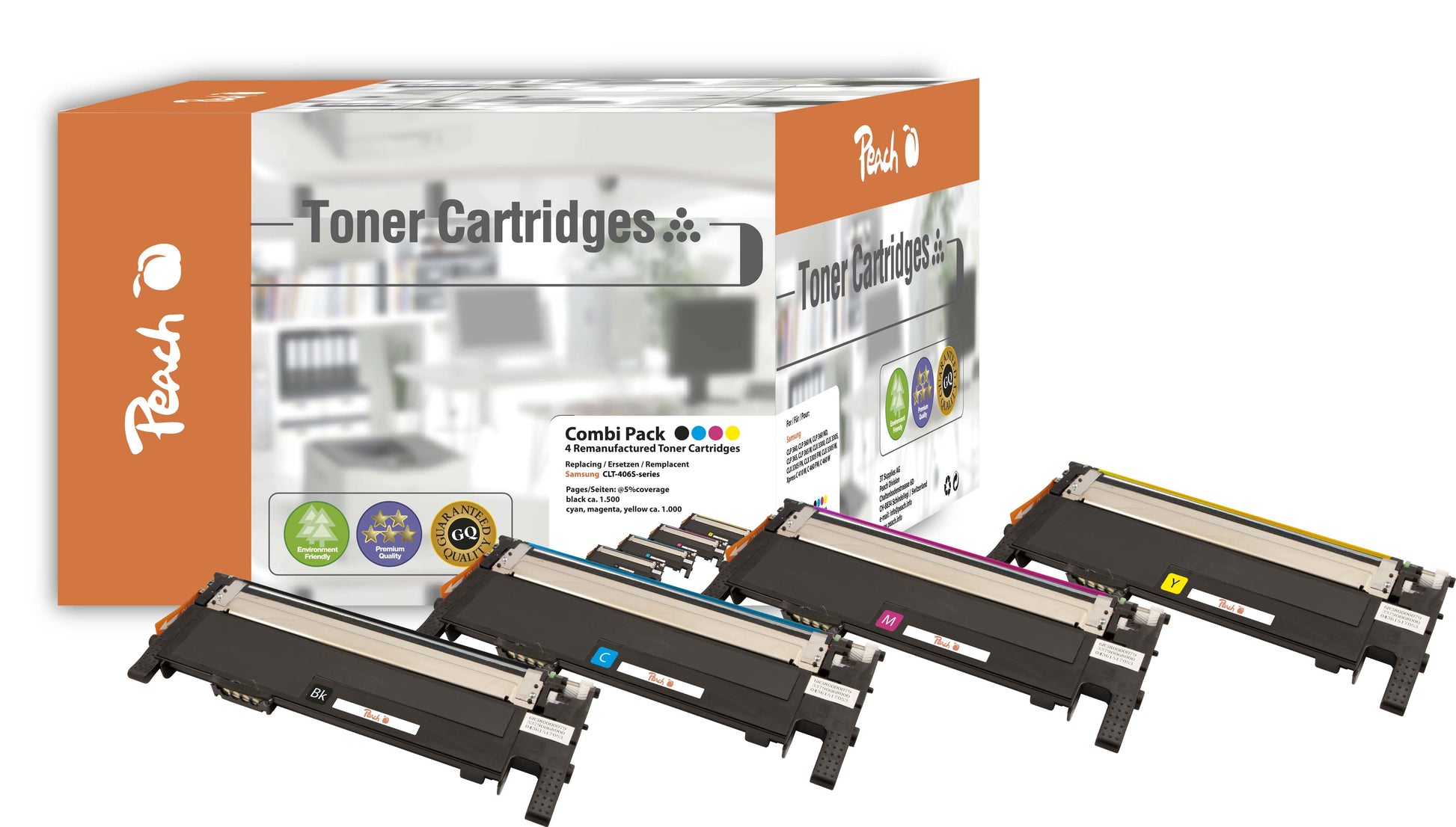 Peach Toner-Multipack CLT-406S – BK/C/M/Y, 1000 Seiten – für Samsung CLP-360/CLP-365/CLX-3300 und andere