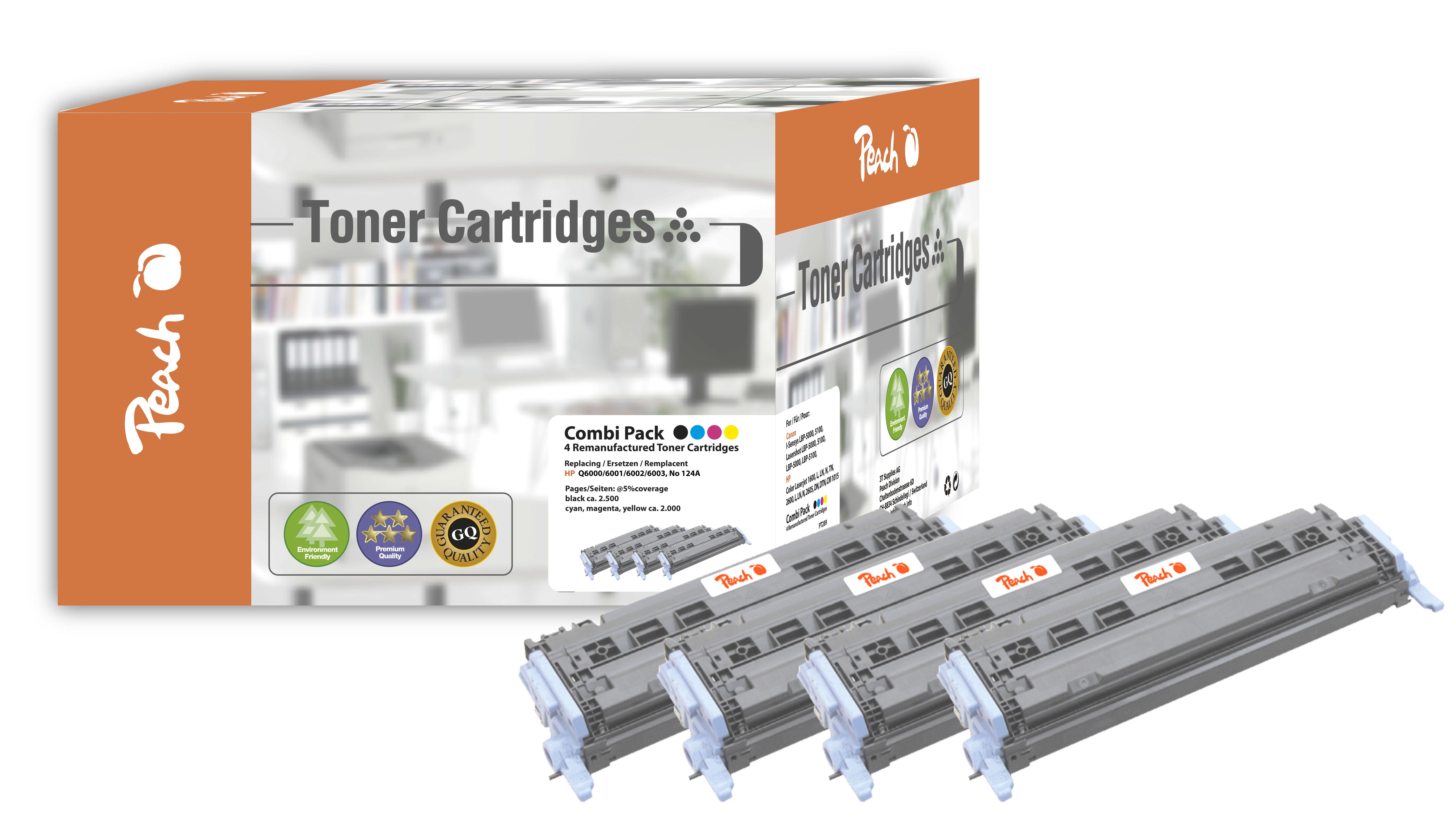 Peach Toner-Multipack Q6001-4 – BK/C/M/Y, schwarz 2500, C/M/Y 2000 Seiten – für HP 1600/2600/2605 und andere
