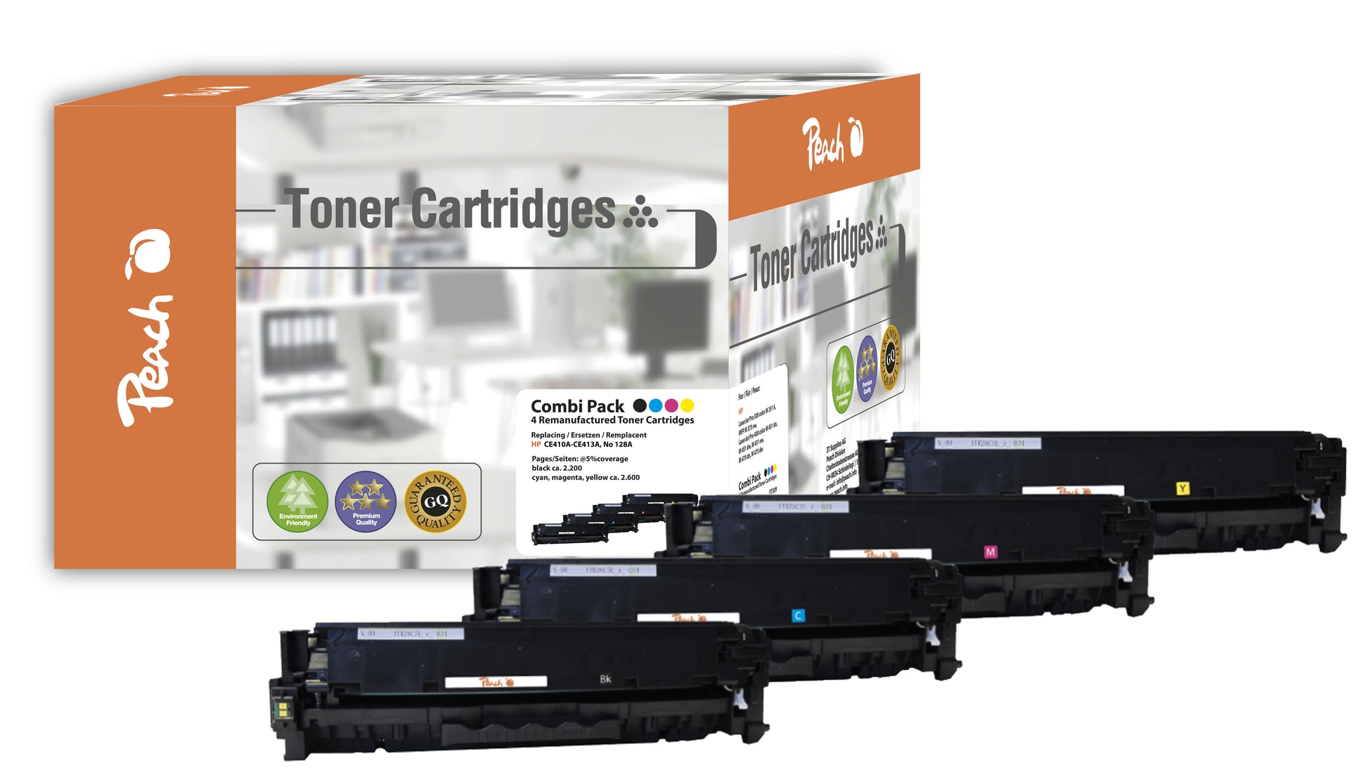 Peach Toner-Multipack – BK/C/M/Y, BK 2200, C/M/Y 2600 Seiten – für HP LaserJet Pro 300/400 Serie und andere