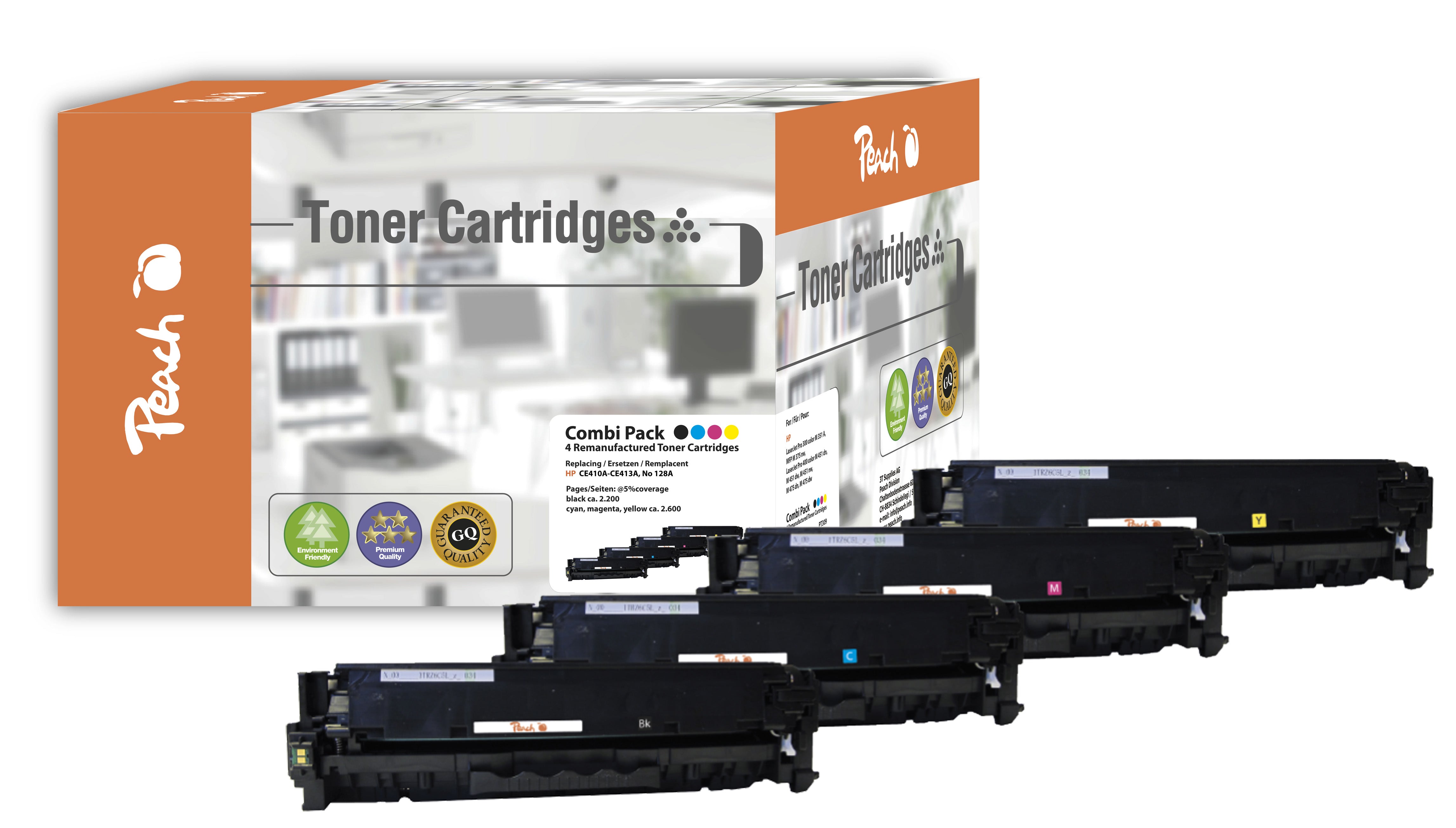 Peach Toner-Multipack – BK/C/M/Y, BK 2200, C/M/Y 2600 Seiten – für HP LaserJet Pro 300/400 Serie und andere