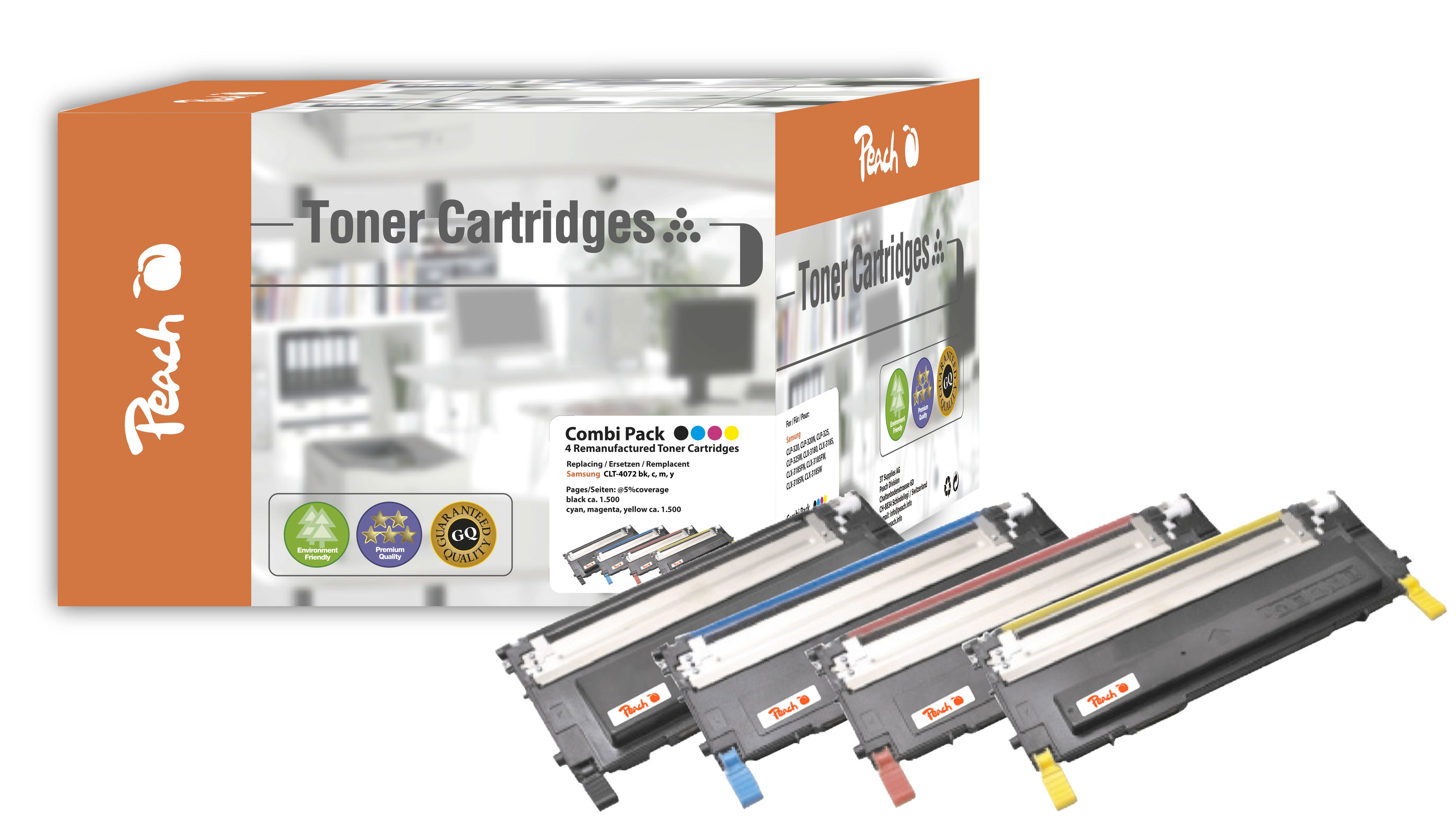 Peach Toner-Multipack – BK/C/M/Y, BK 1500, C/M/Y 1000 Seiten – für Samsung CLP-320/CLP-325/CLX-3185 und andere