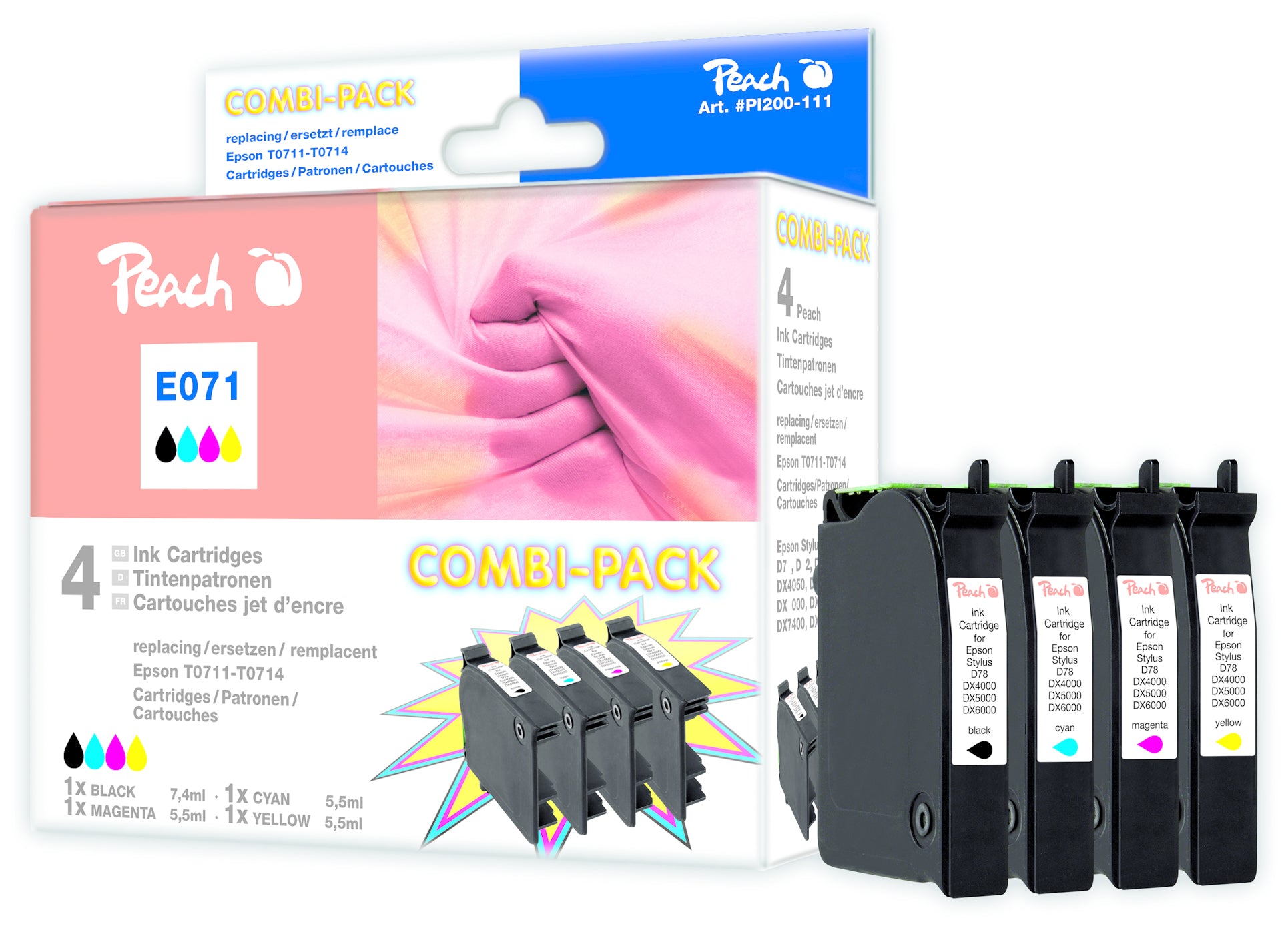 Peach T071 Tintenpatronen-Multipack, Schwarz/Cyan/Magenta/Gelb (Kompatibel) – für Epson Stylus D120/D92 …