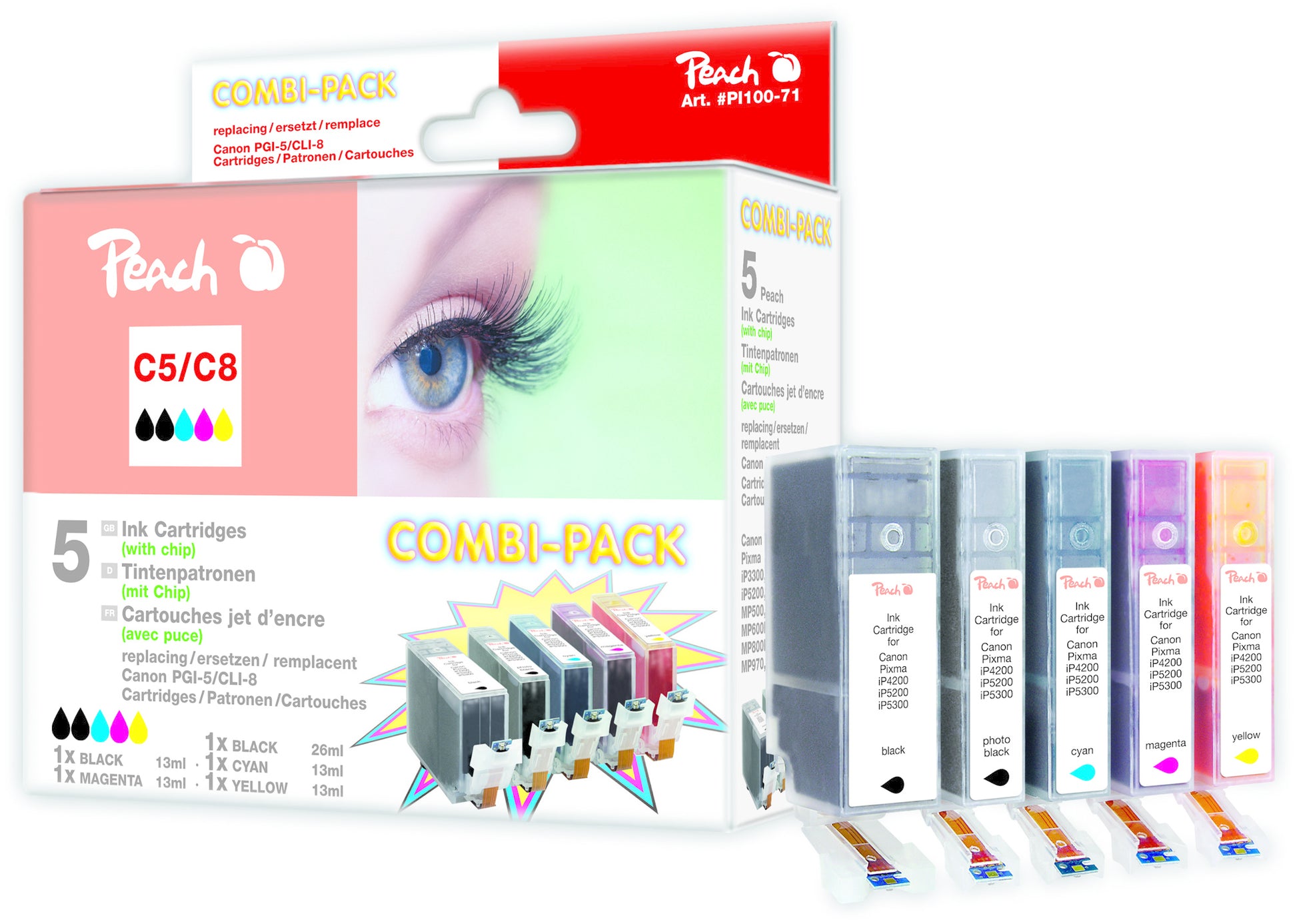 Peach Tintenpatronen-Multipack, Schwarz/Cyan/Magenta/Gelb (Kompatibel) – für Canon Pixma IP 4200/5200/5300 …