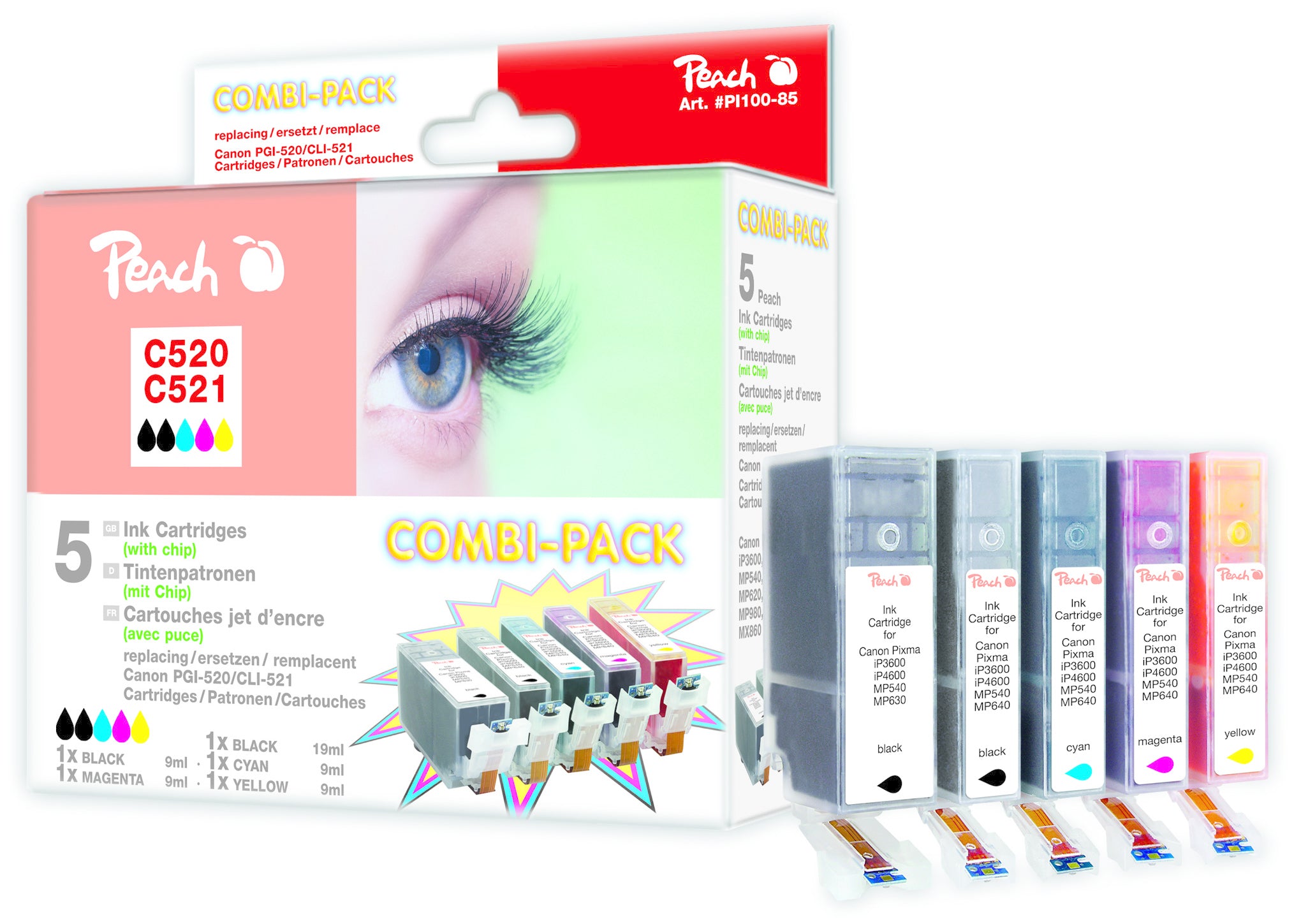 Peach C520/C521XL Tintenpatronen-Multipack, Schwarz/Cyan/Magenta/Gelb (Kompatibel) – für Canon Pixma