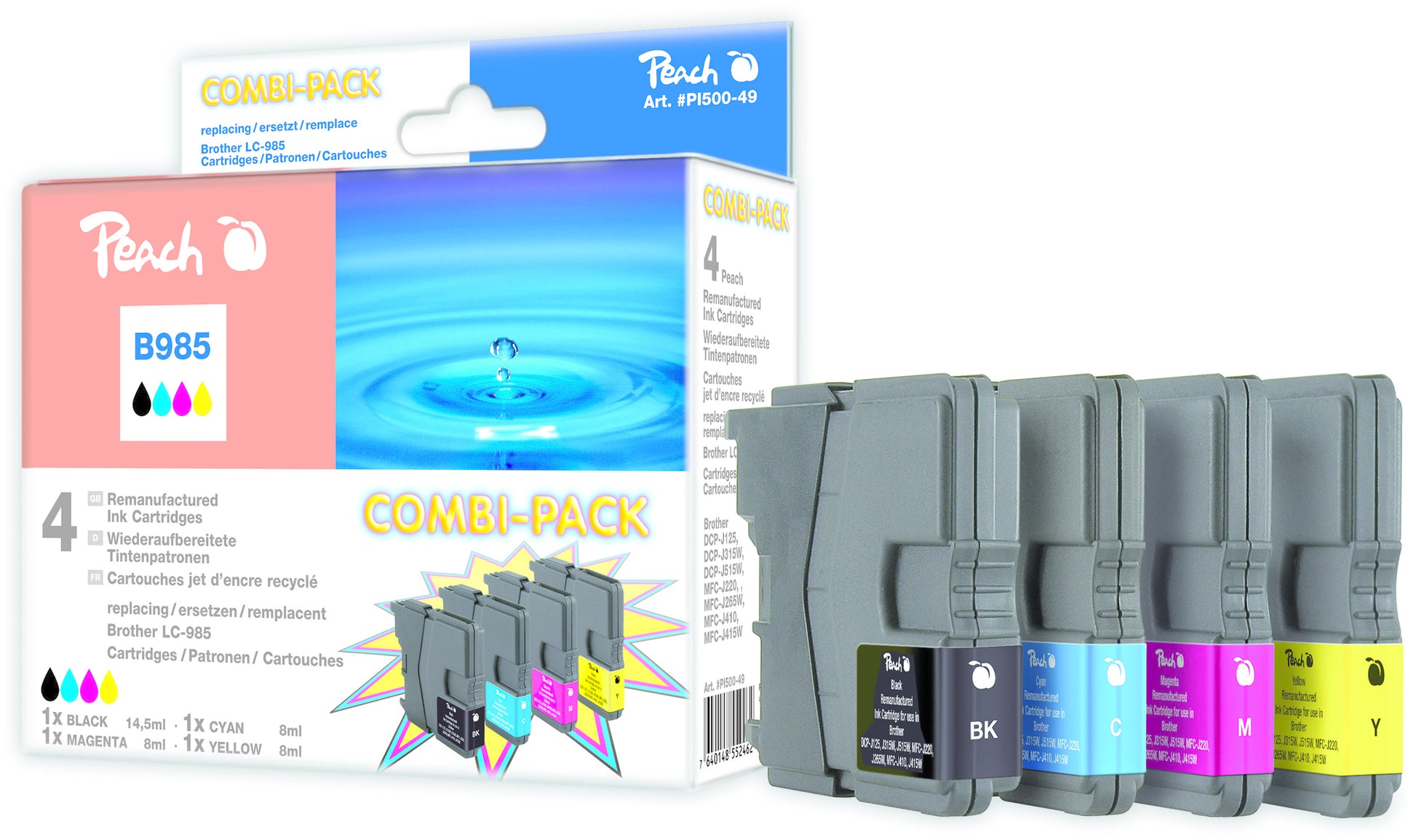 Peach Tintenpatronen-Multipack LC-985, CMYK, XL, kompatibel – für Brother MFC-J265W, DCP-J125, MFC-J220 und andere