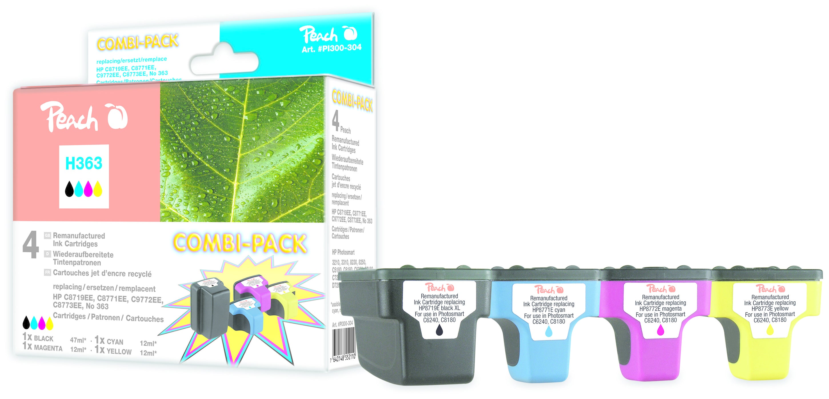 Peach 363 Tintenpatronen-Multipack, Schwarz/Cyan/Magenta/Gelb (Kompatibel) – für HP PhotoSmart 3100/3110 …