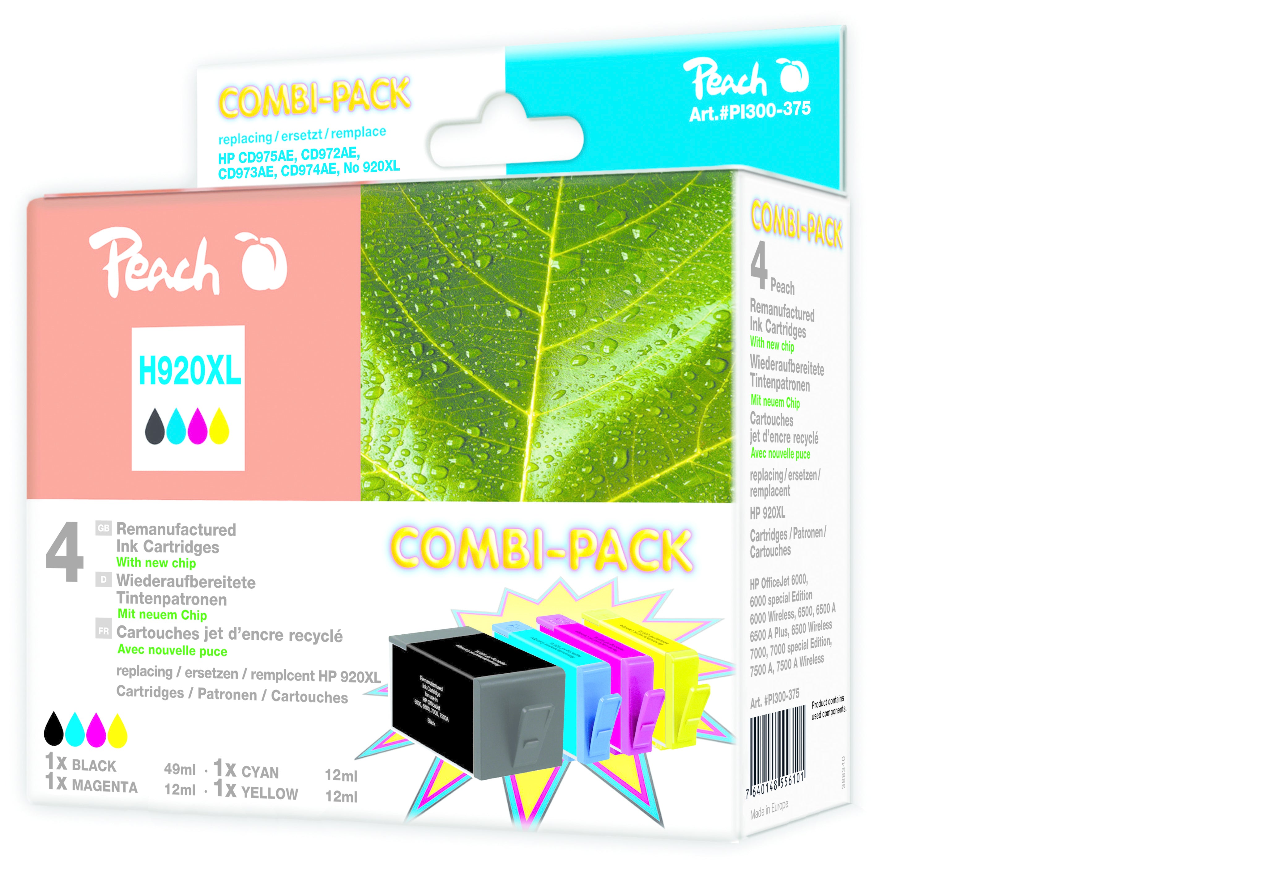Peach Tintenpatronen-Multipack 920XL, CMYK, XL, 4er-Pack, kompatibel – für HP OfficeJet 6000, 6500, 7000 und andere
