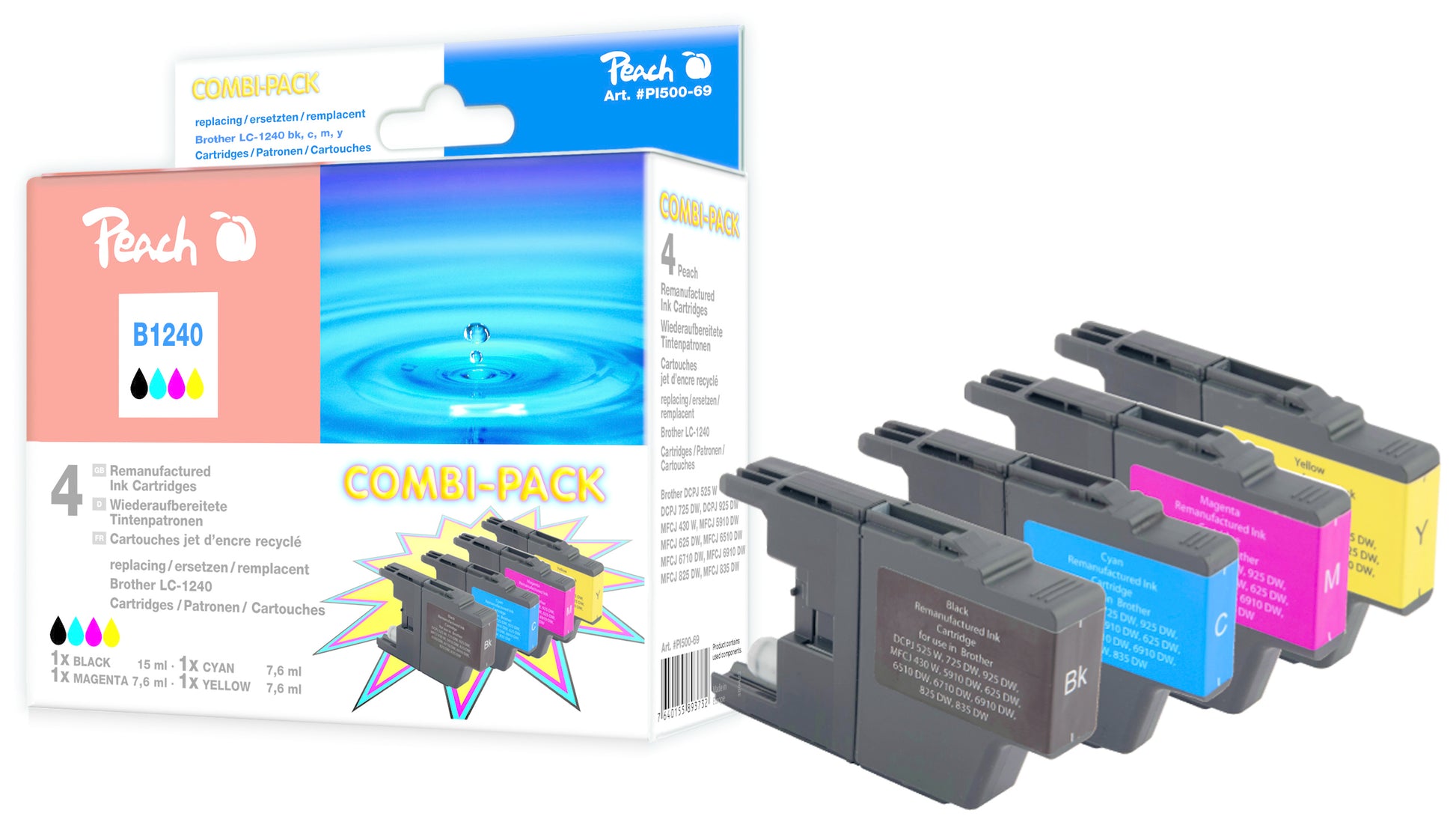 Peach B1240 Tintenpatronen-Multipack, 4er-Set (Kompatibel) – für Brother MFC-J430W/DCP-J525W/DCP-J725DW…