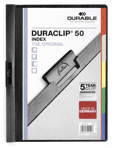 Durable Duraclip Klemmhefter für A4, Kunststoff, Schwarz – mit 5-teiligem Register – bis 50 Blatt – 1 Stück
