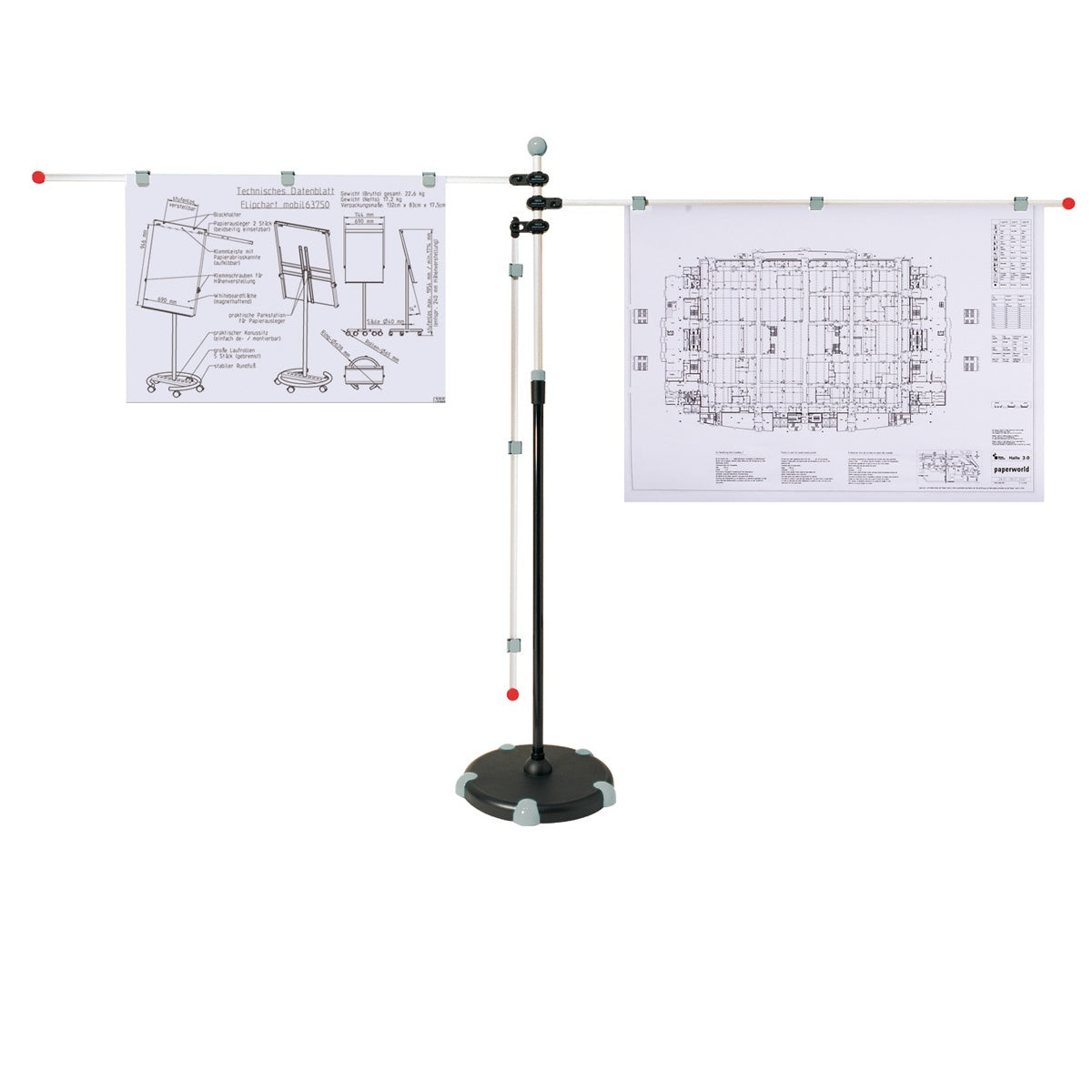MAUL Planhalter mit 3 Schwenkarmen A0 – höhenverstellbar, mit Rollen, magnetisch – Aluminium, grau – 6256084