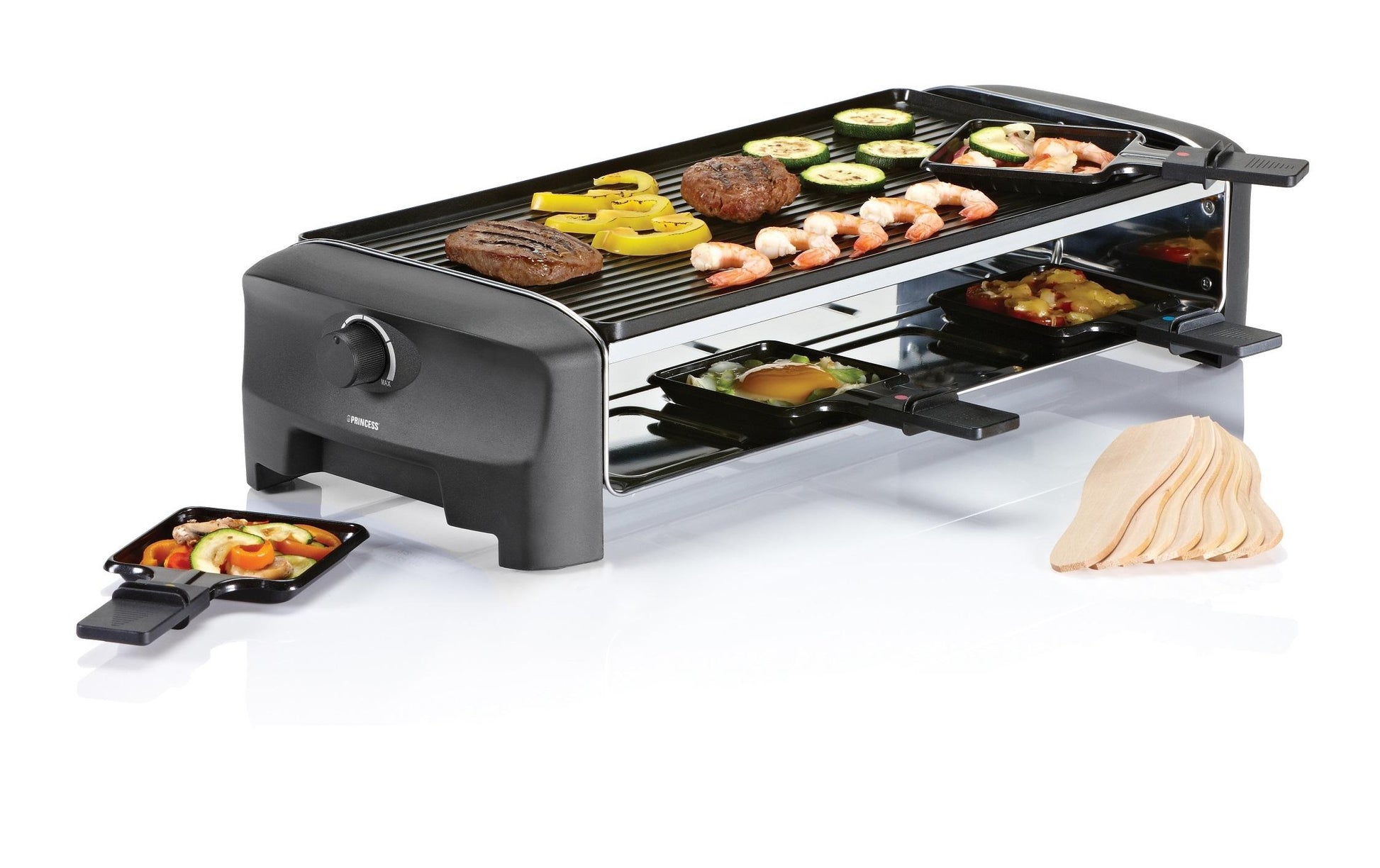 Princess Raclette-Grill 162840 – 8 Personen, 1400 W, Teppanyaki & Pfännchenablage – schwarz