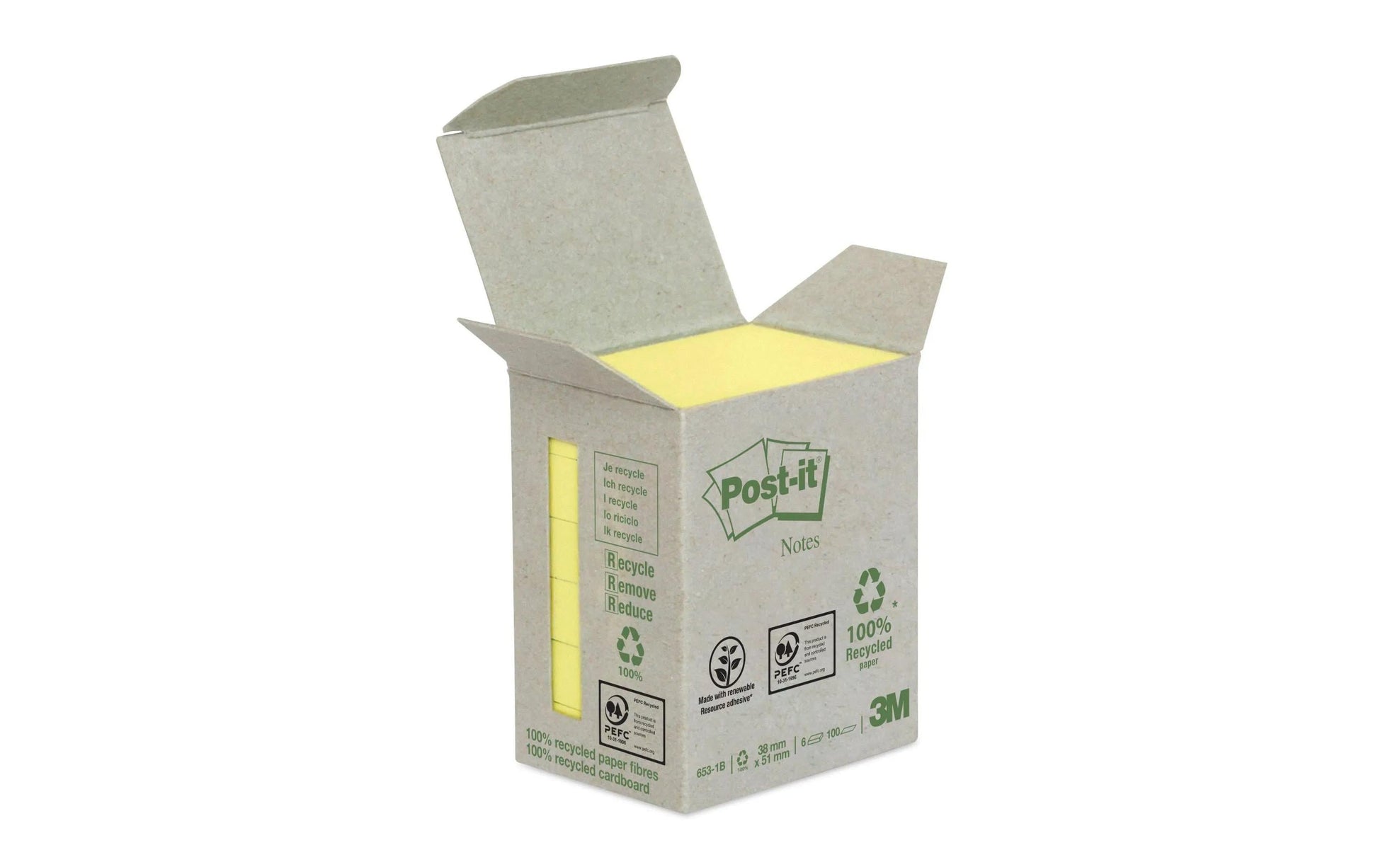 Post-it Haftnotizen Recycling Tower – 51×38 mm – gelb, 6×100 Blatt, PEFC
