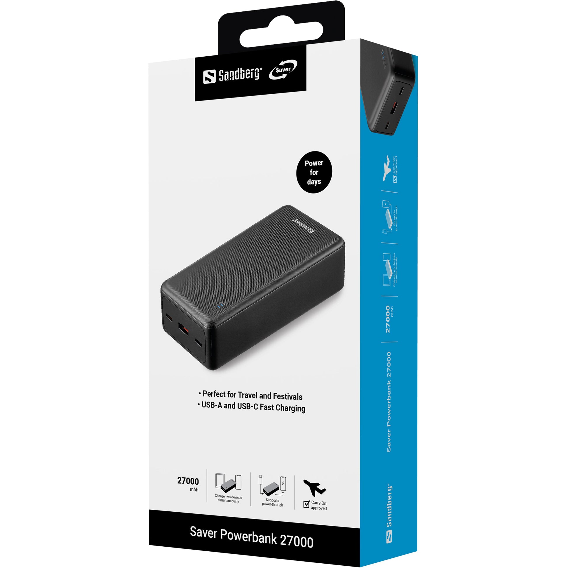 Sandberg Saver Powerbank 27'000 mAh – 22,5 W PD, 2× USB-C, 1× USB-A, schwarz