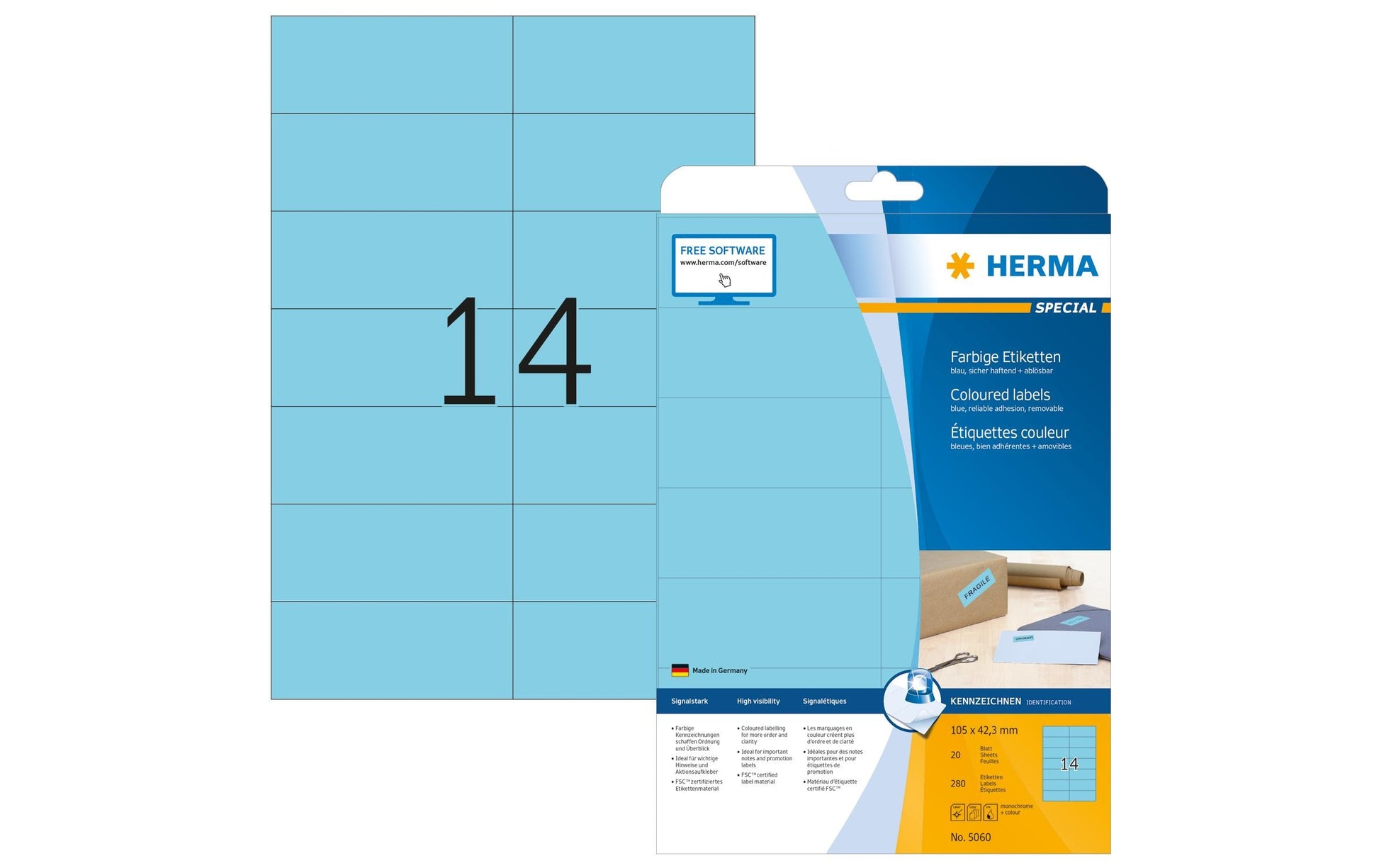 HERMA Druckeretiketten, 105 mm × 42 mm, blau, Papier, wiederablösbar, 20 Blätter (280 Etiketten)