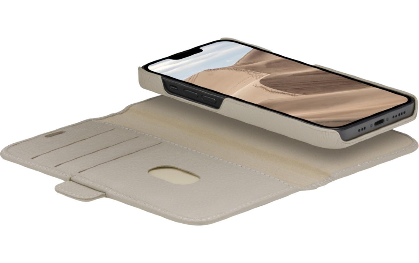 dbramante1928 Wallethülle – für Apple iPhone 14 Plus, 3 Kartenfächer, Leder, Sand, RFID-beständig